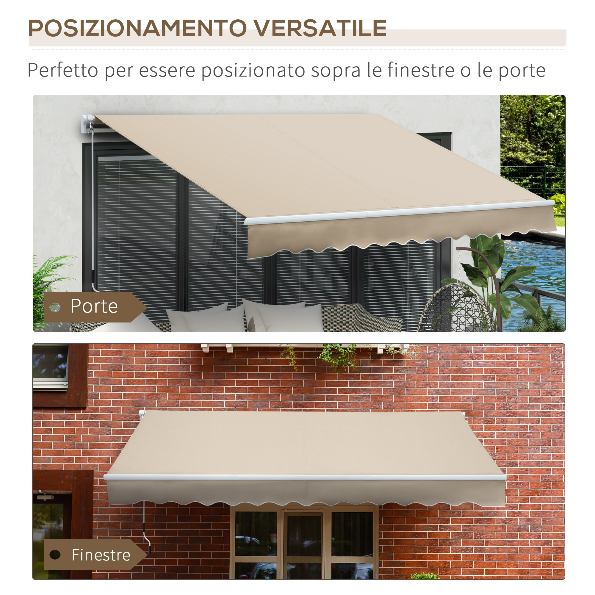 Una tenda da sole beige sopra una porta e finestre su un muro di mattoni.