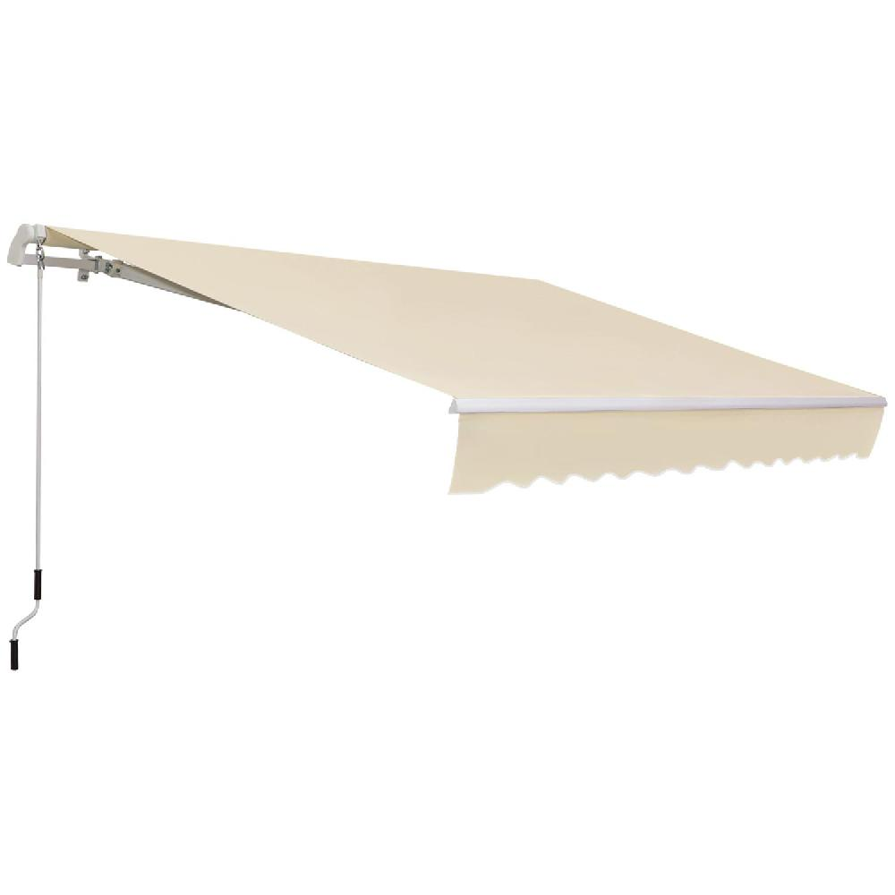 Tenda da sole beige con telaio in metallo e manovella, su sfondo bianco.