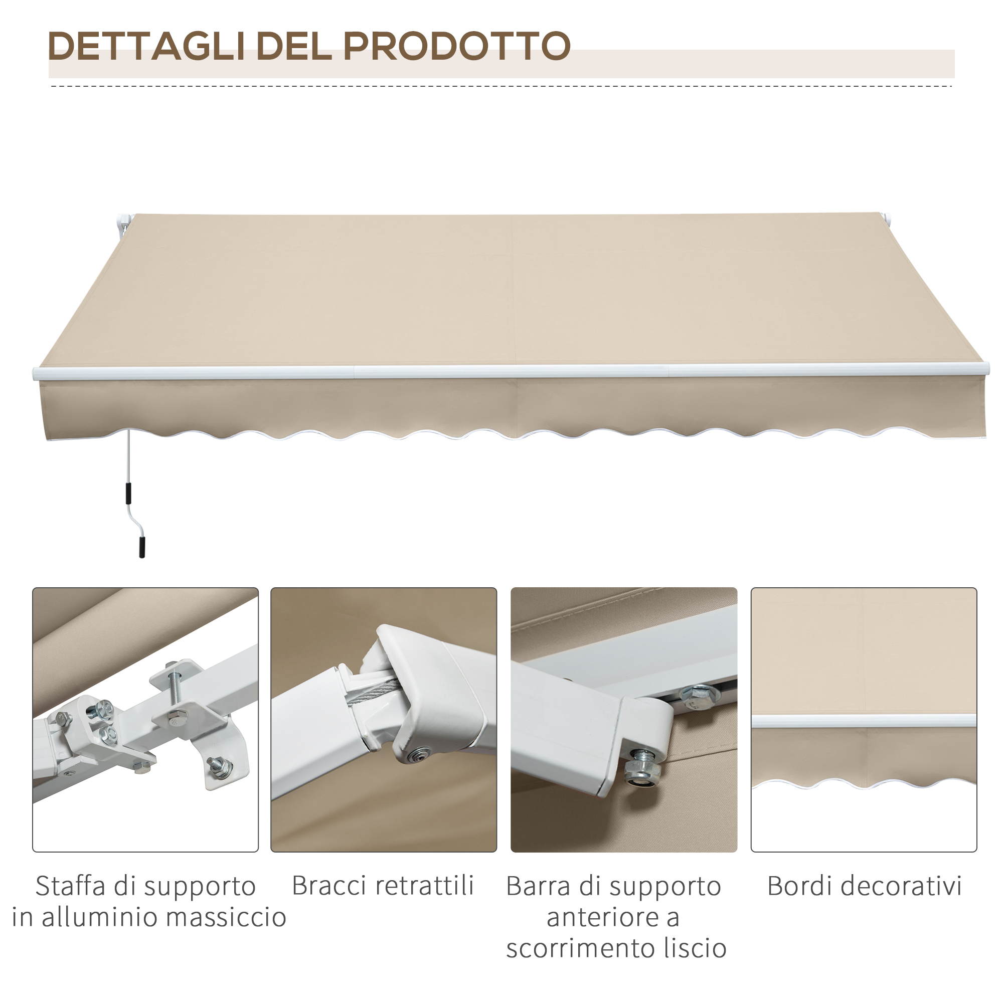 Tessuto beige per tenda da sole con bordo smerlato, telaio e dettagli.