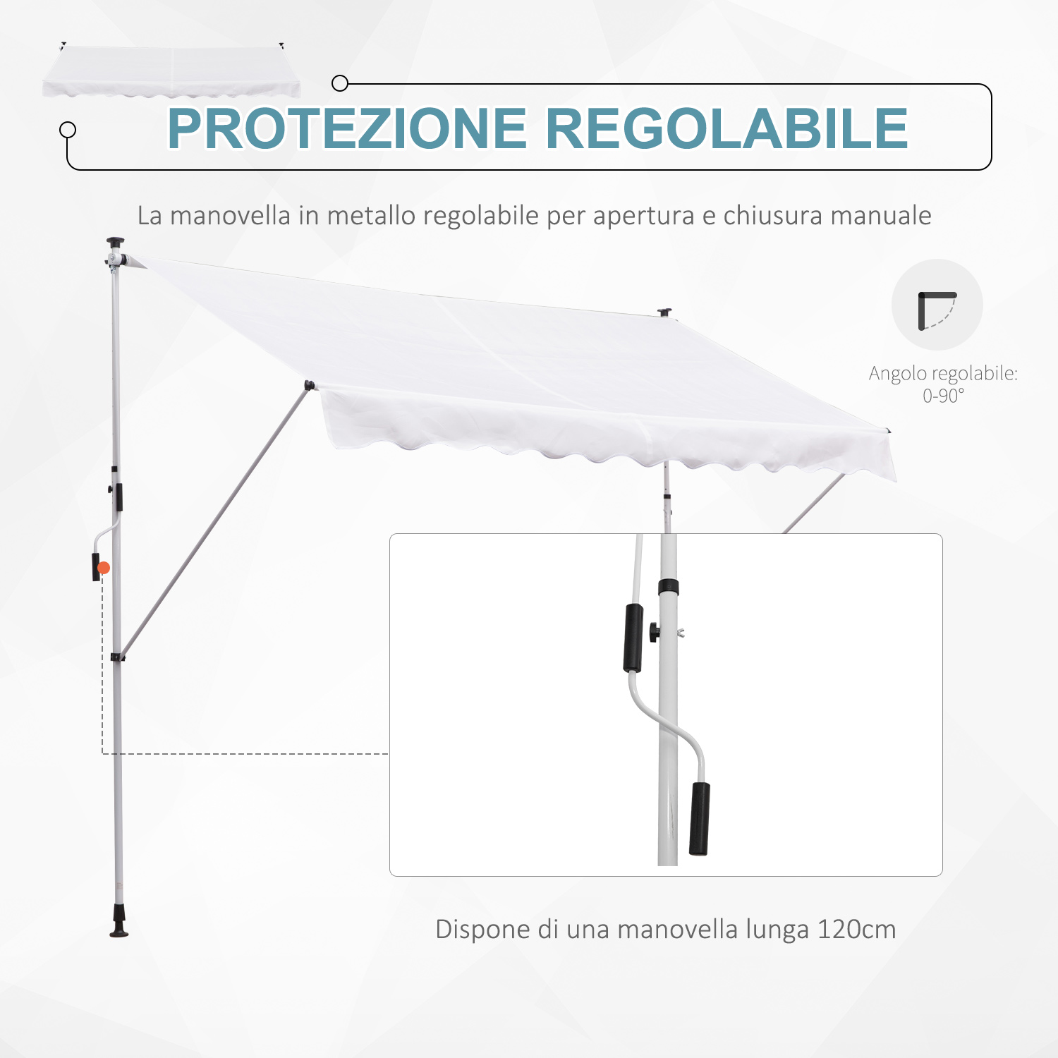 Tenda da sole bianca con angolo regolabile e meccanismo a manovella.