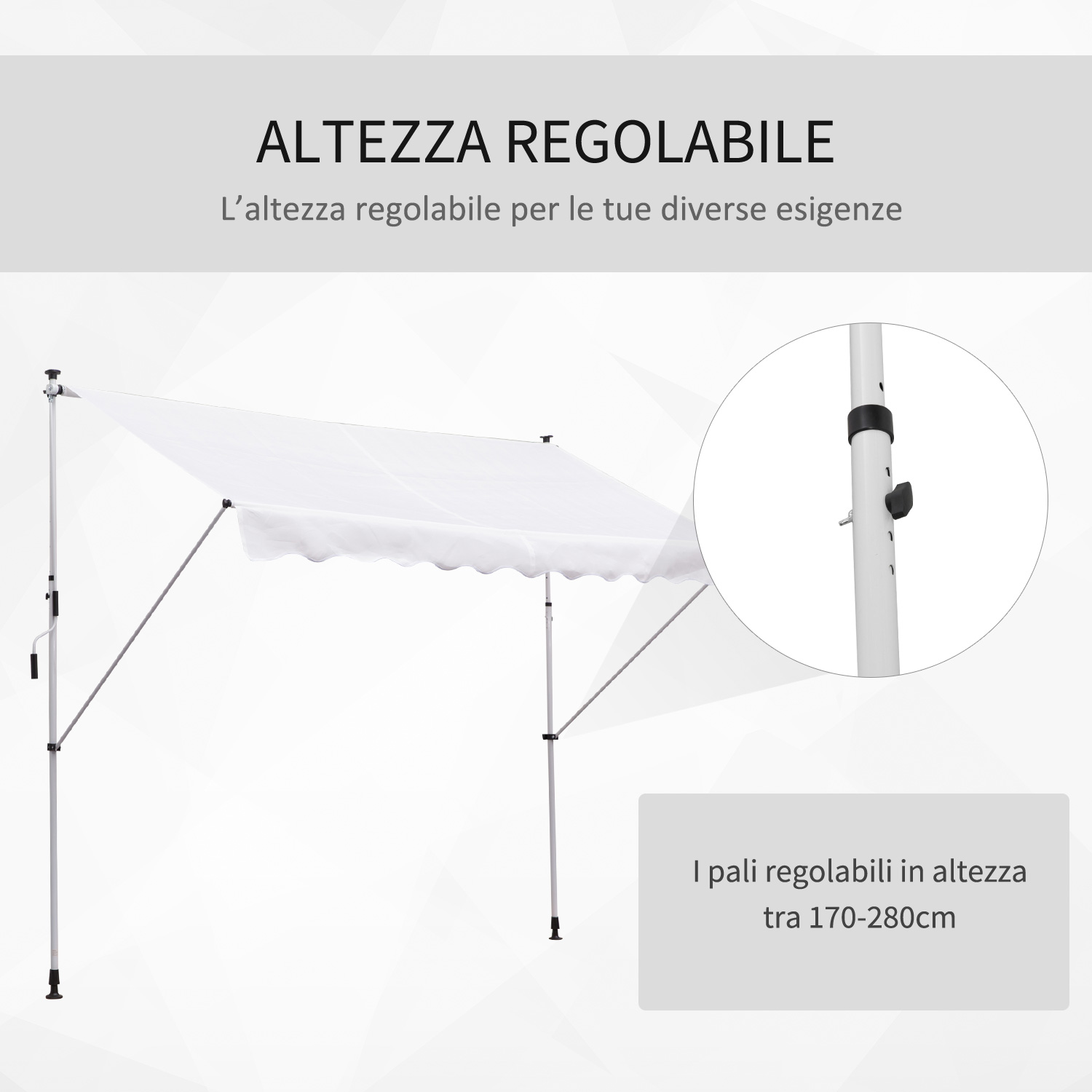 Tenda bianca con pali regolabili, altezza 170-280cm.