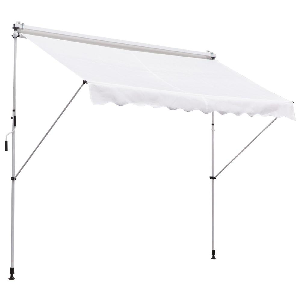 Una tenda da sole retrattile bianca con pali e bracci in metallo su sfondo bianco.