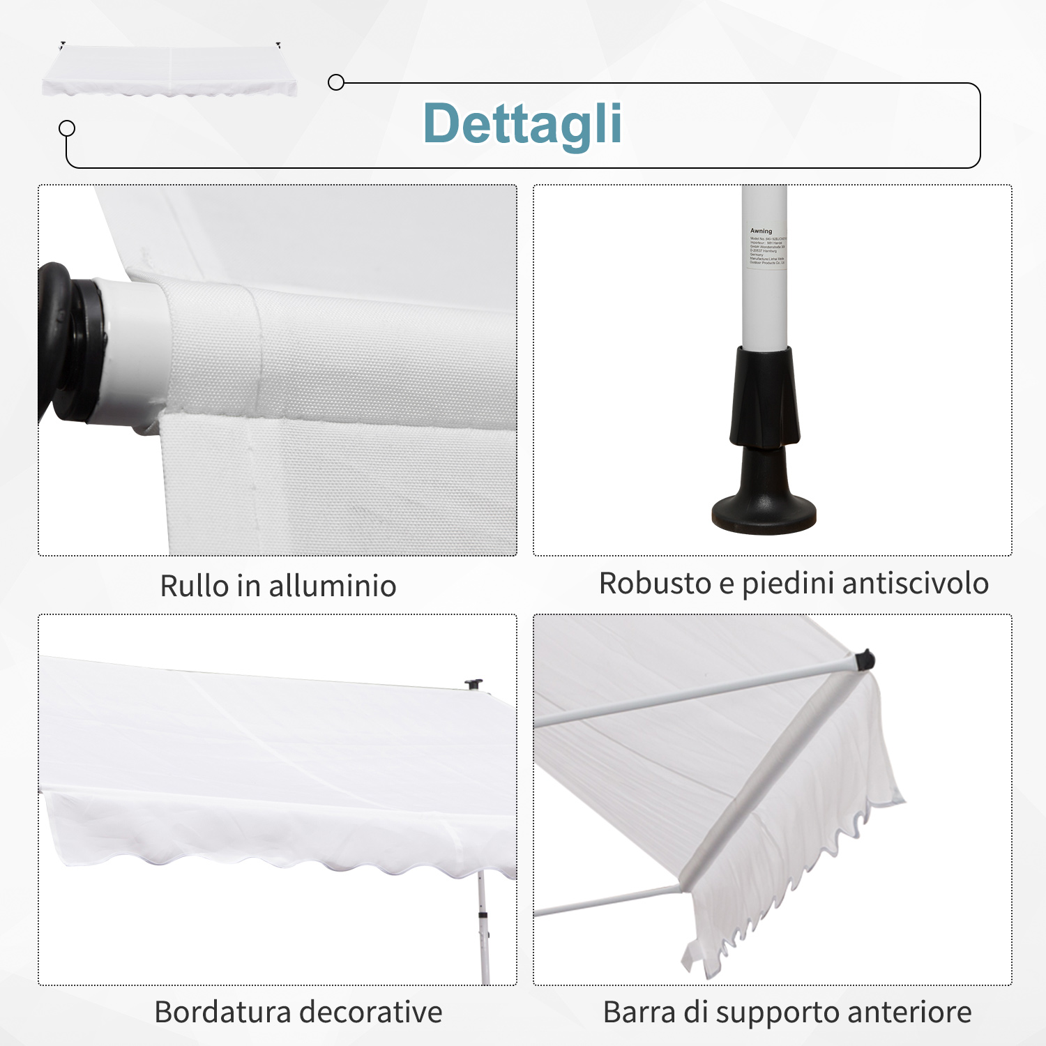 Dettaglio di una tenda da sole bianca con rullo in alluminio, piedino robusto e bordo decorativo.