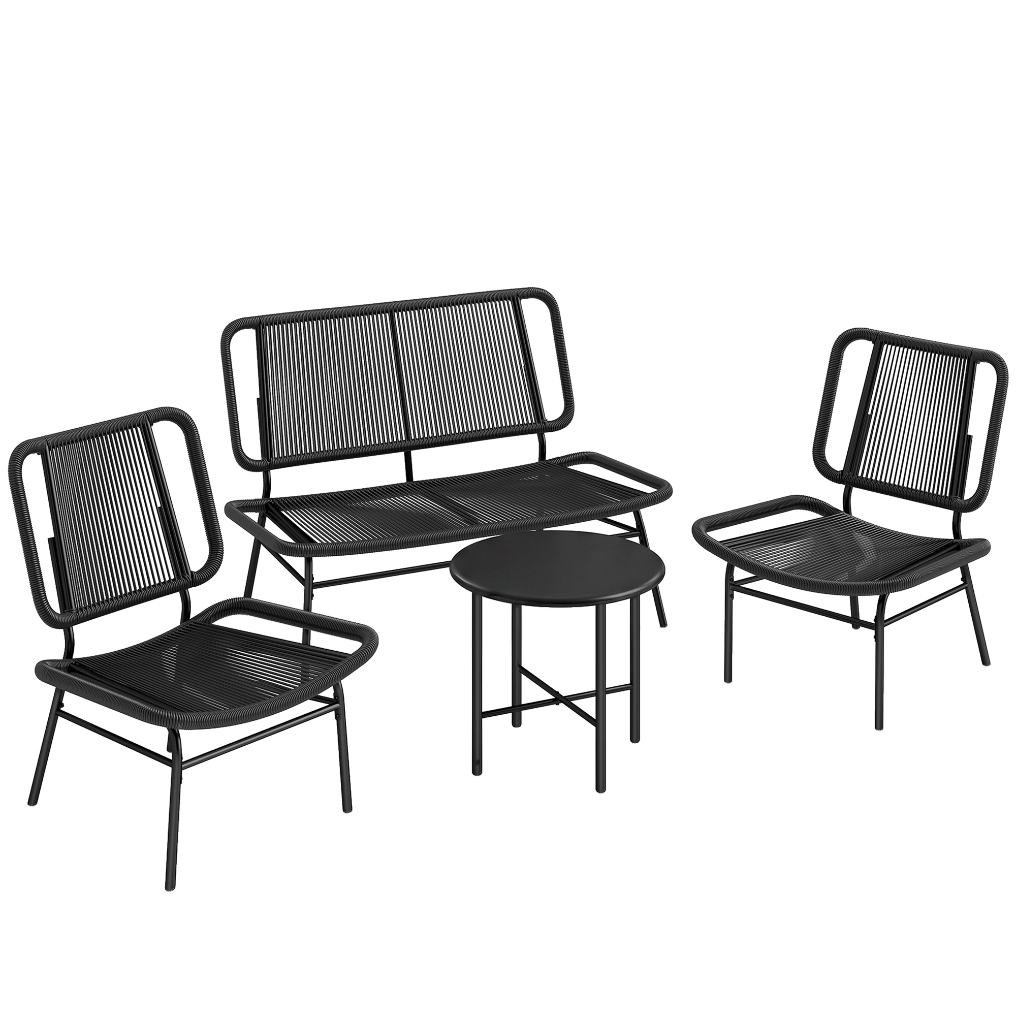 Set di mobili da esterno neri con panchina, due sedie e tavolo.
