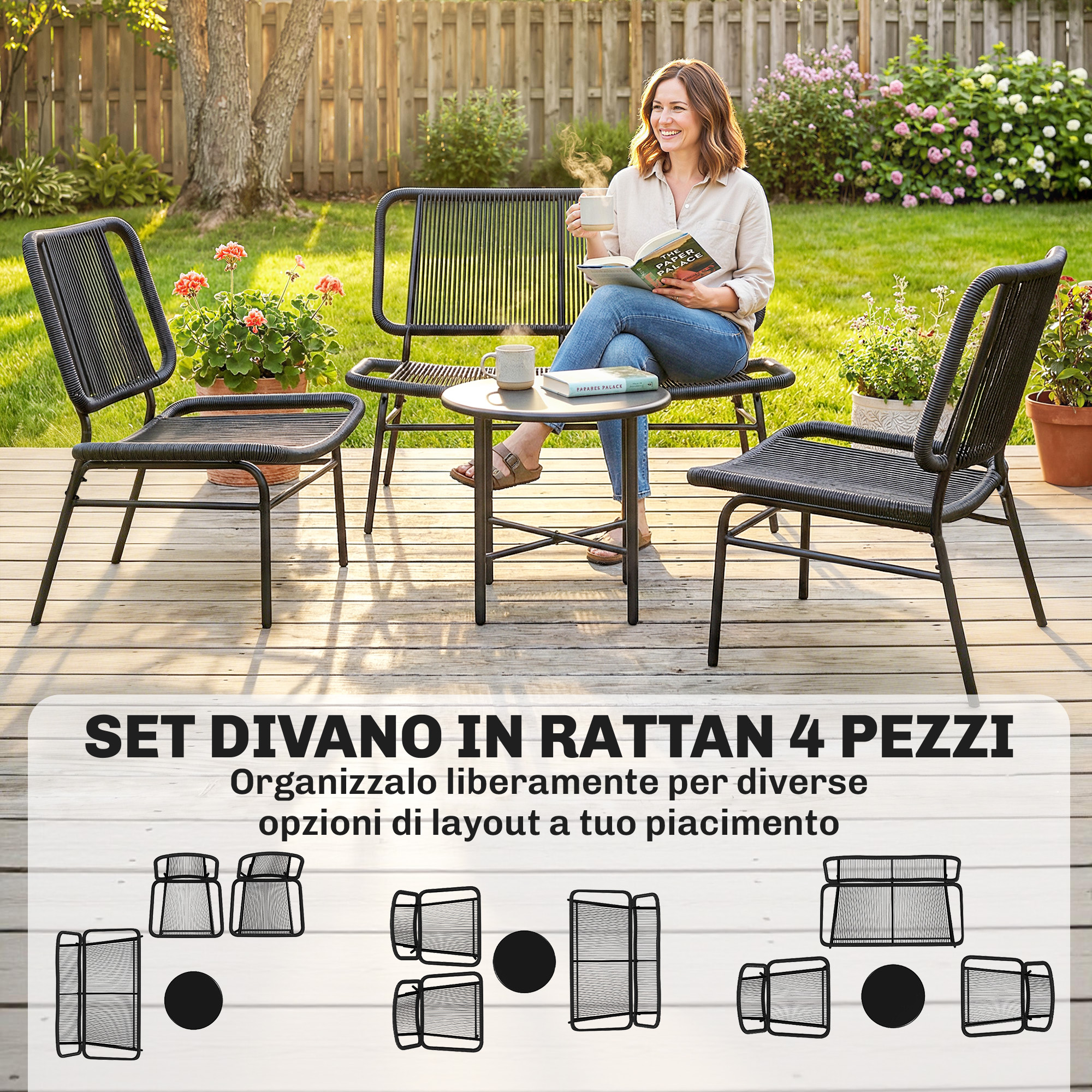 Una donna legge e beve su un patio, circondata da sedie in rattan e un tavolo.
