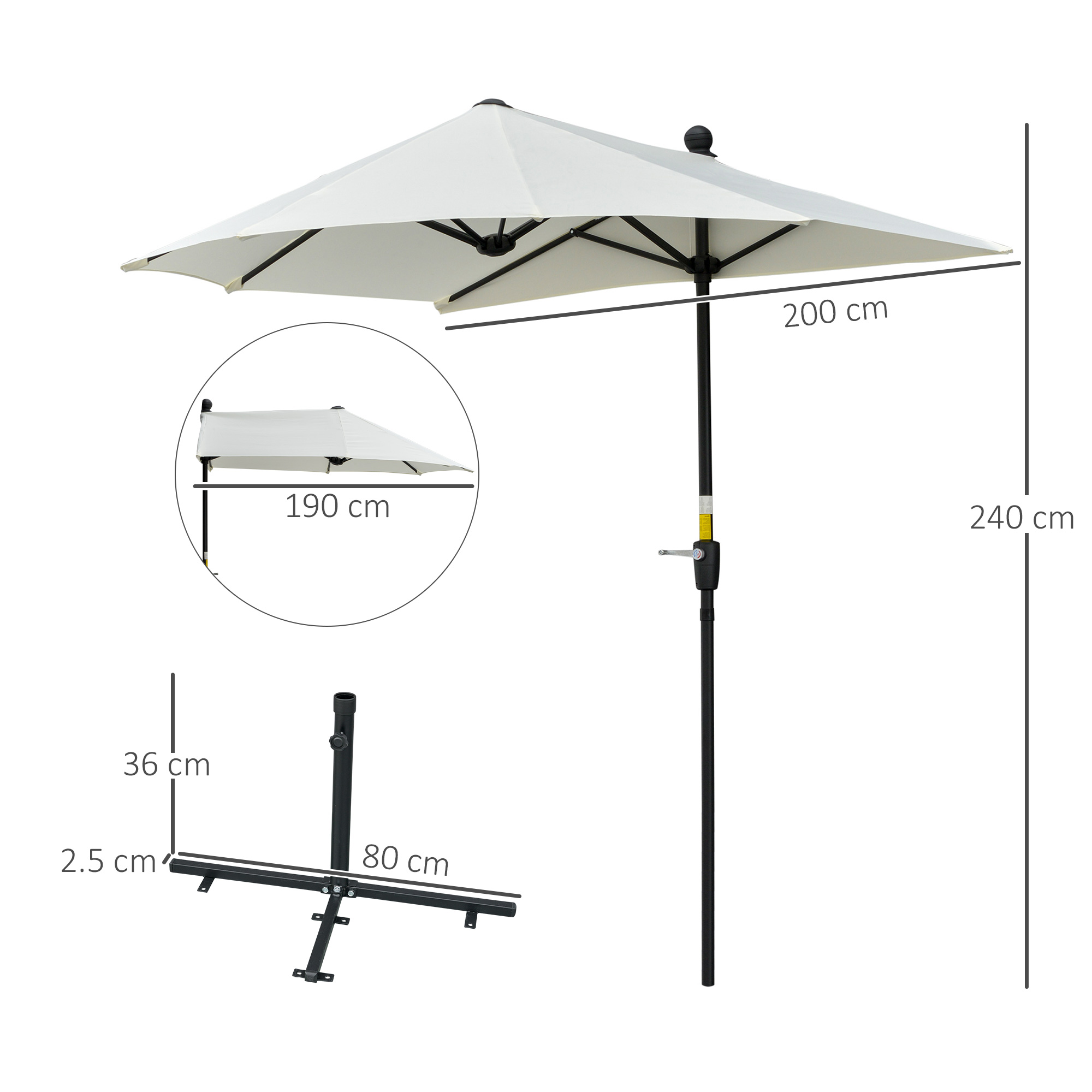 Un ombrellone rettangolare beige con supporto in metallo e dimensioni.