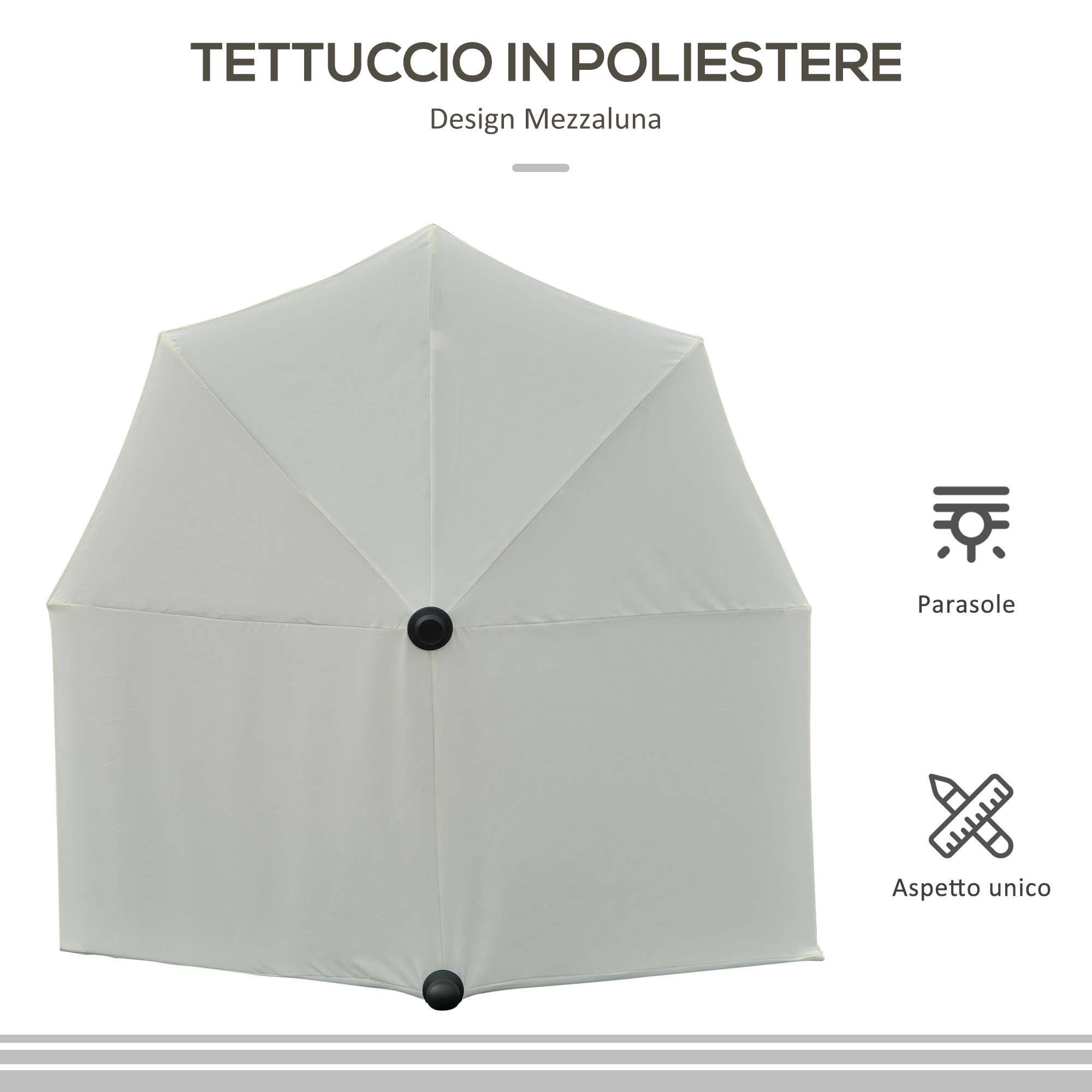 Una tettoia grigia chiara in poliestere dal design a mezzaluna, in piedi.