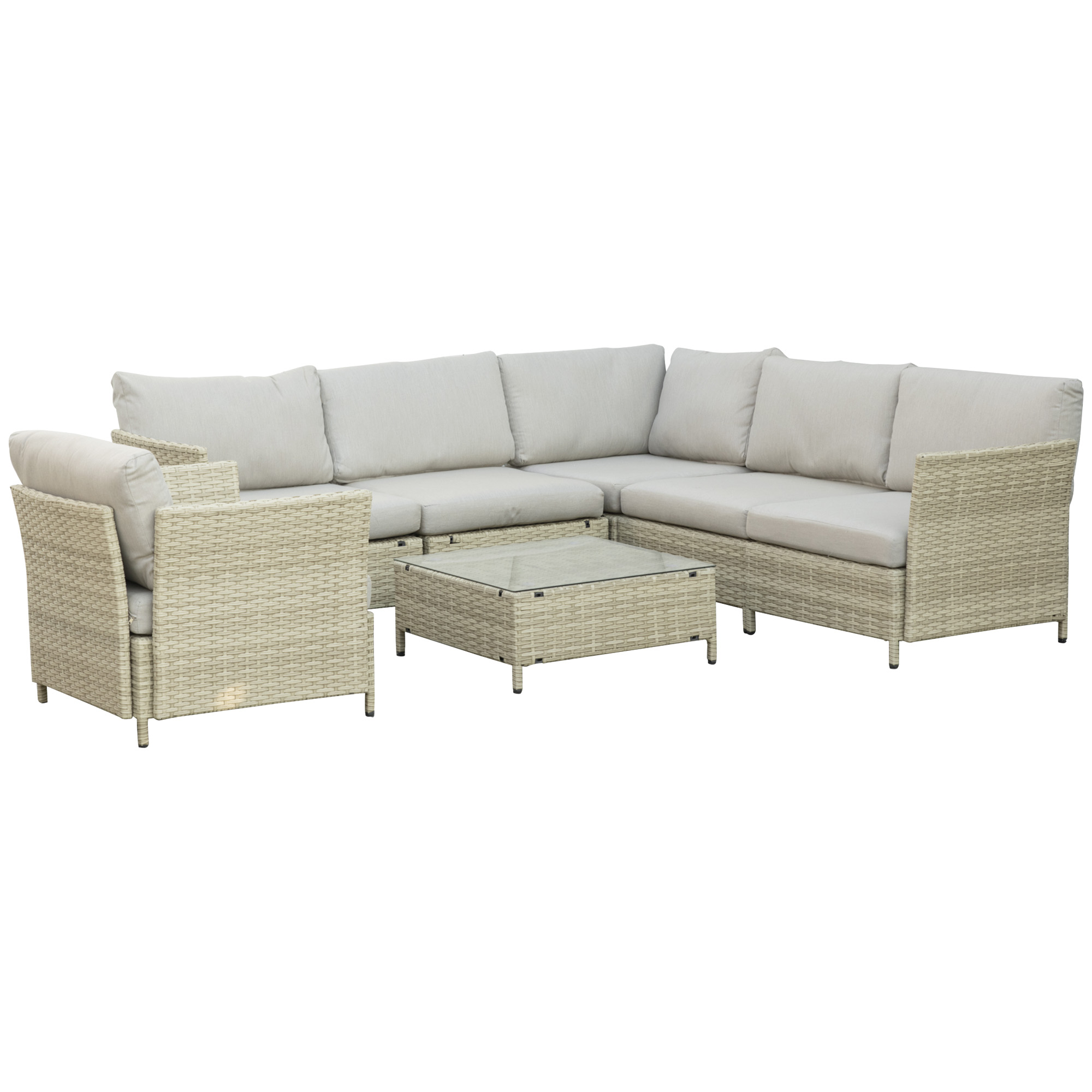 Un set di divani in rattan beige con divano angolare, poltrona e tavolino.