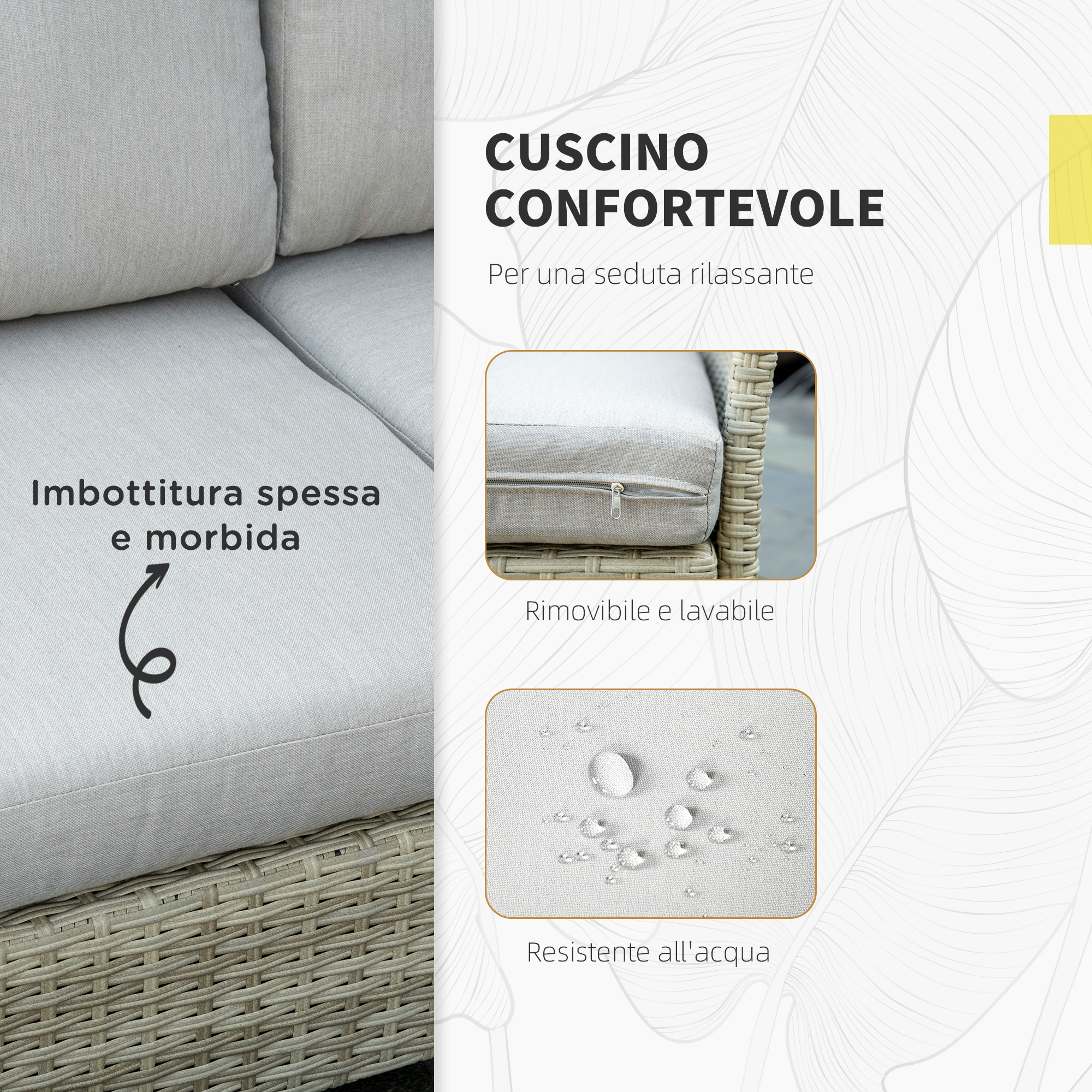 Divano grigio con cuscini spessi e morbidi. Rimovibile, lavabile e resistente.