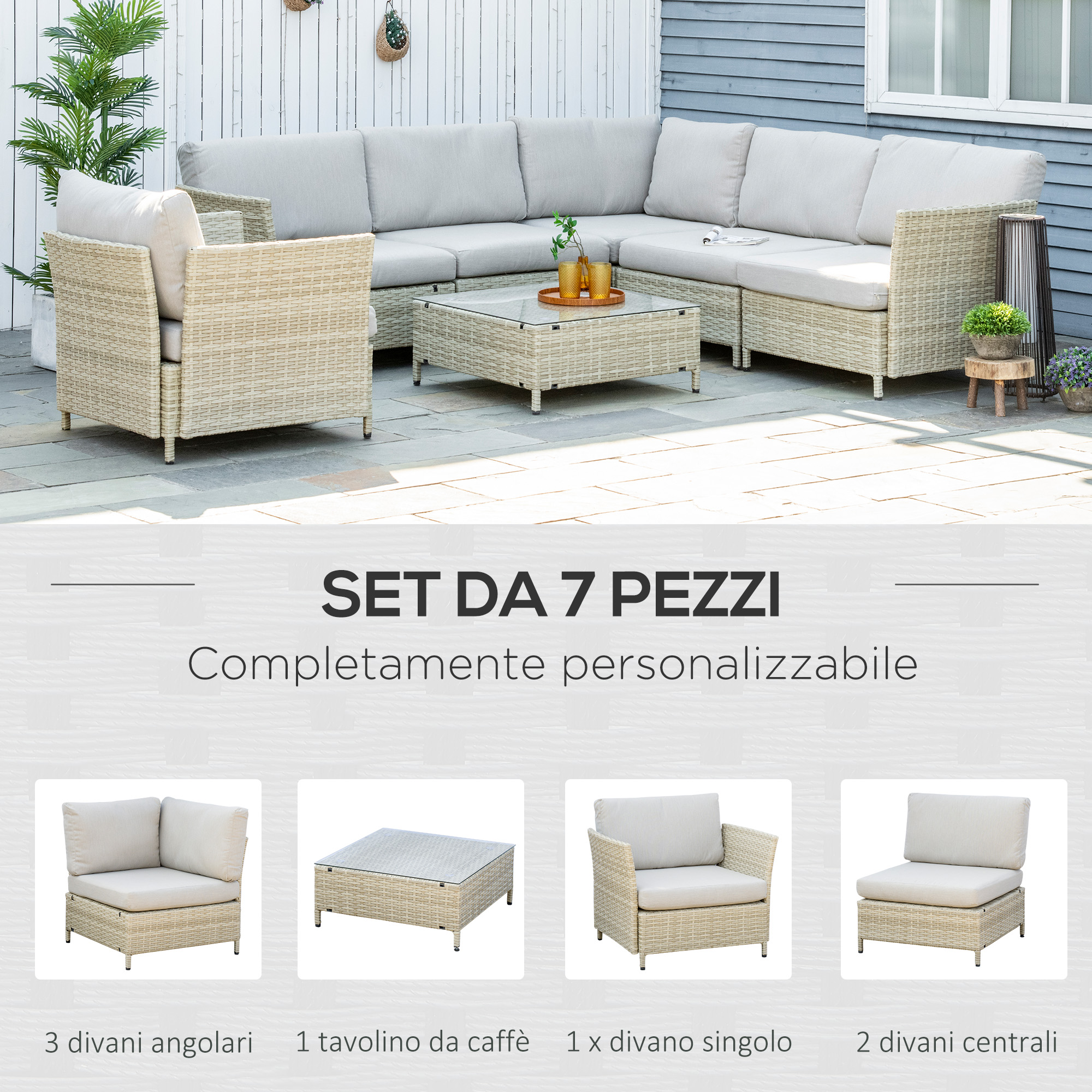 Set da lounge in rattan con cuscini grigio chiaro su un patio di pietra.