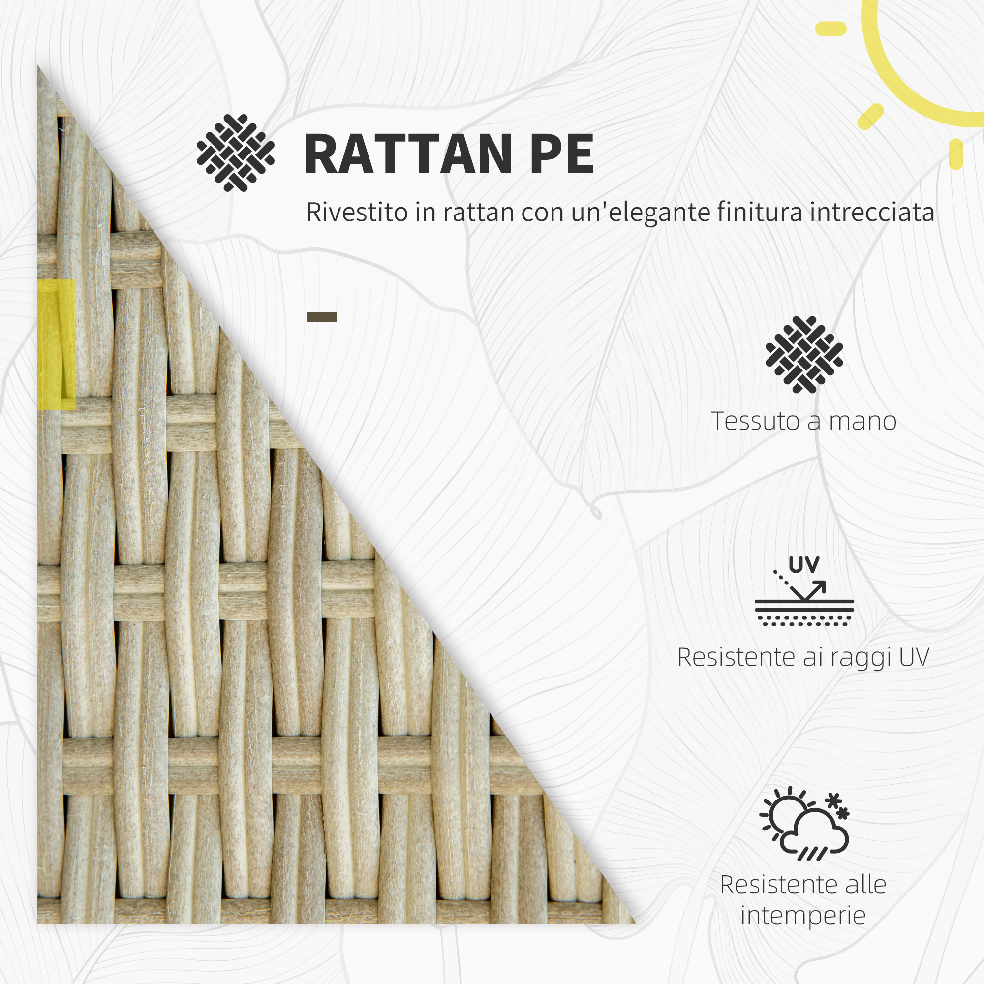 Primo piano di rattan intrecciato con testo e icone per resistenza UV e agenti atmosferici.
