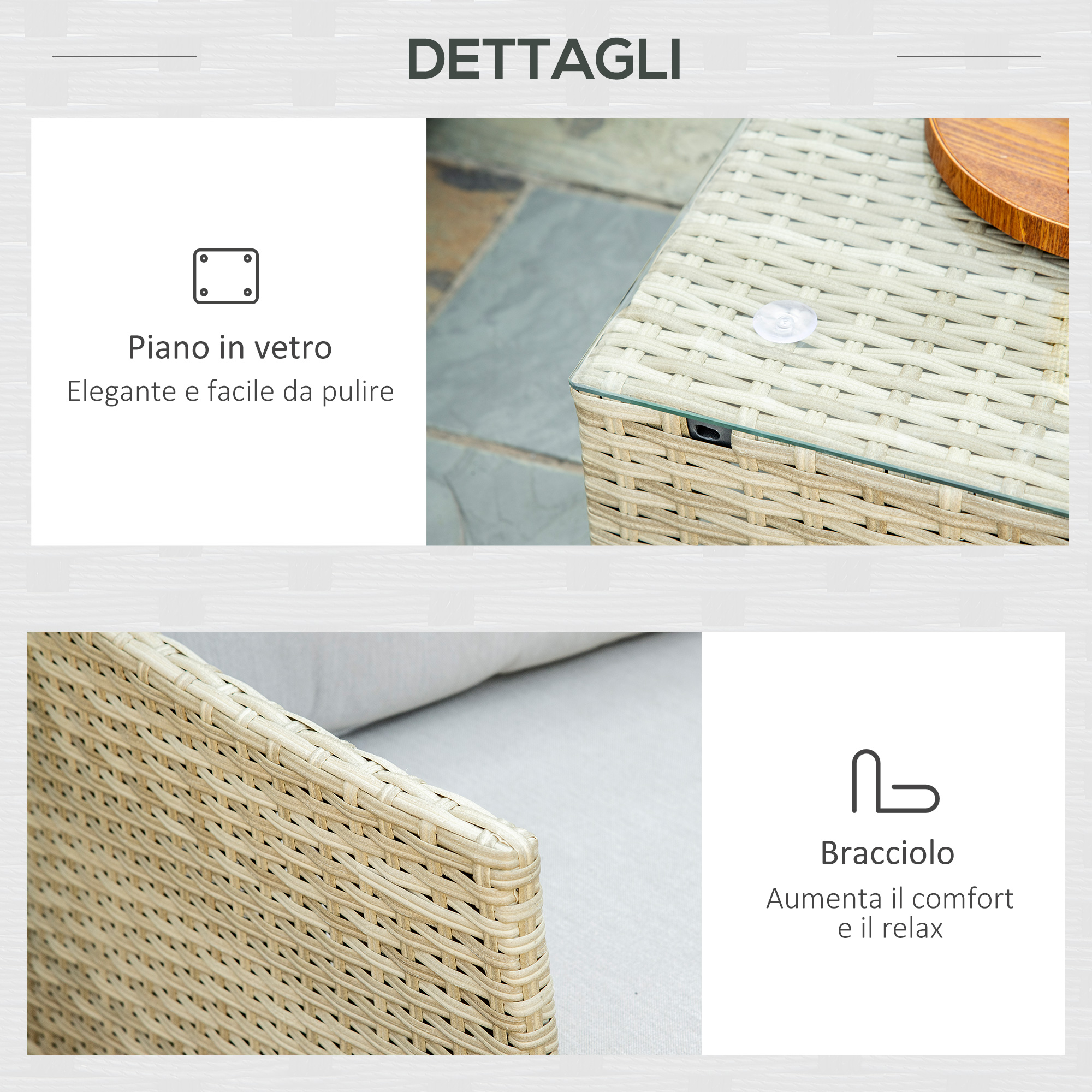Dettaglio mobile in rattan con piano in vetro e bracciolo.