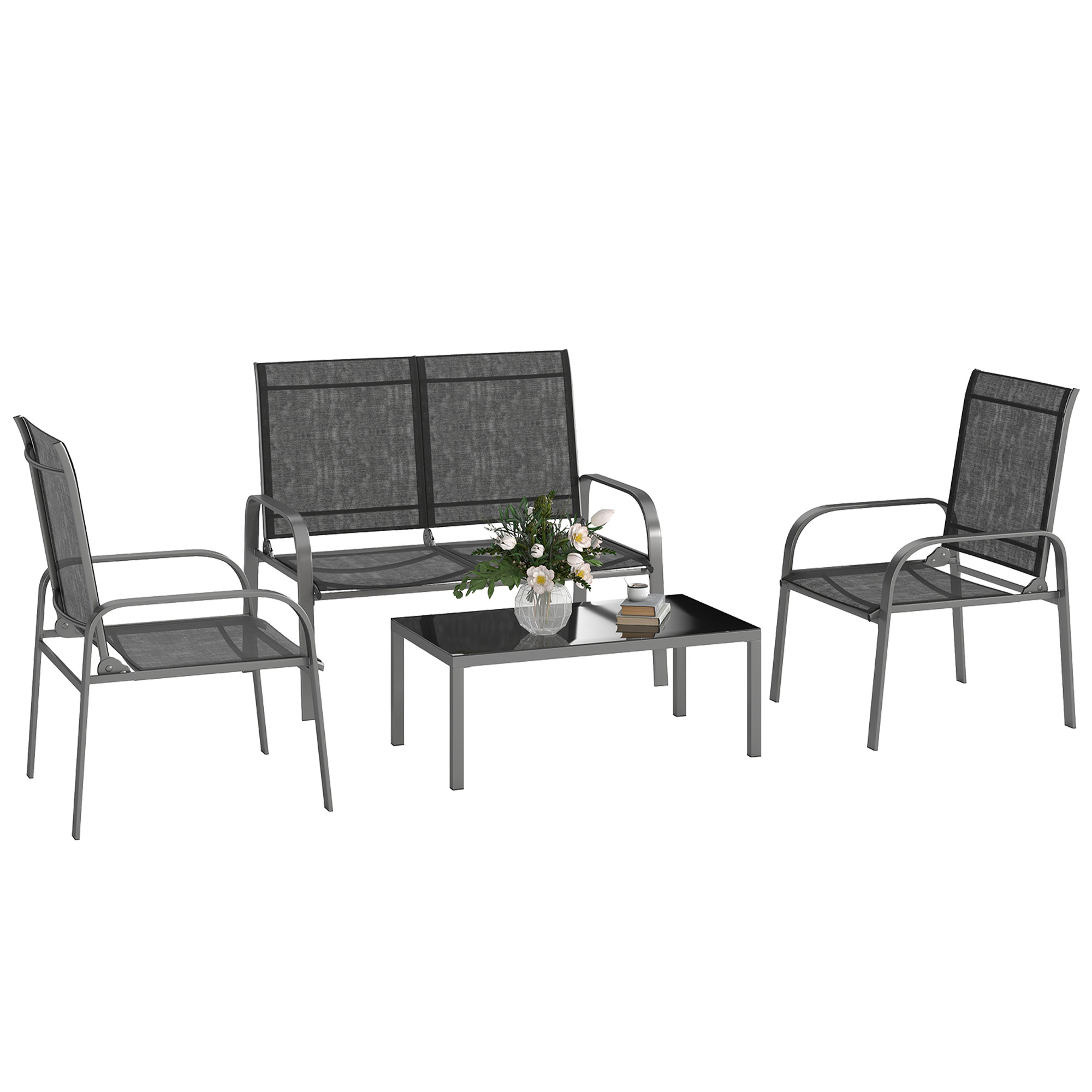 Un set di mobili da giardino in metallo grigio con due sedie, un divanetto e un tavolino.