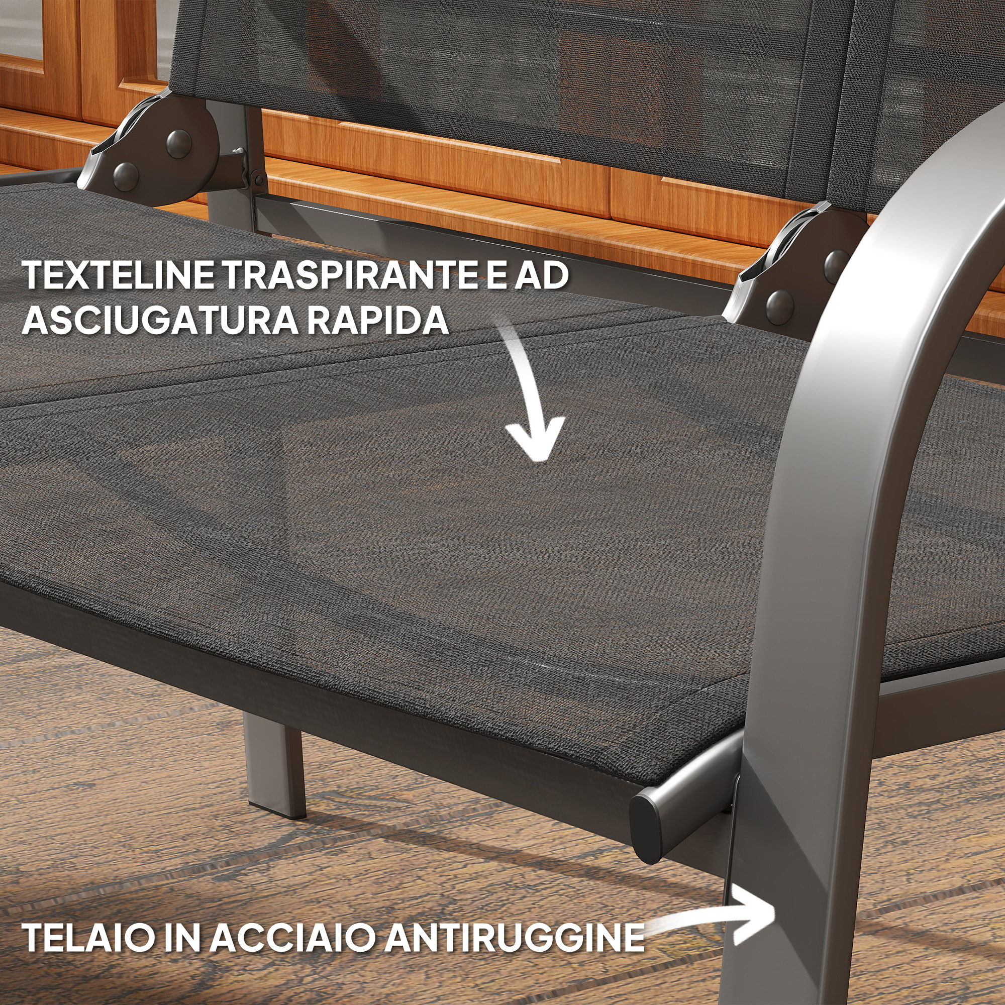 Lettino in textilene grigio con telaio in acciaio e dettagli in legno.