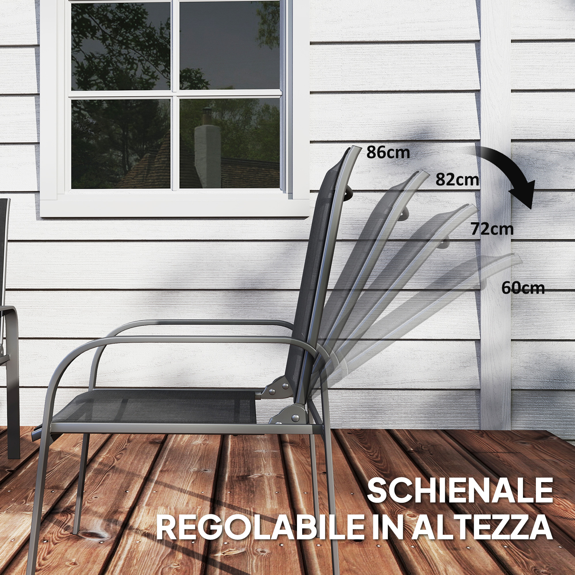 Sedia grigia con schienale regolabile su terrazzo in legno, vicino finestre.