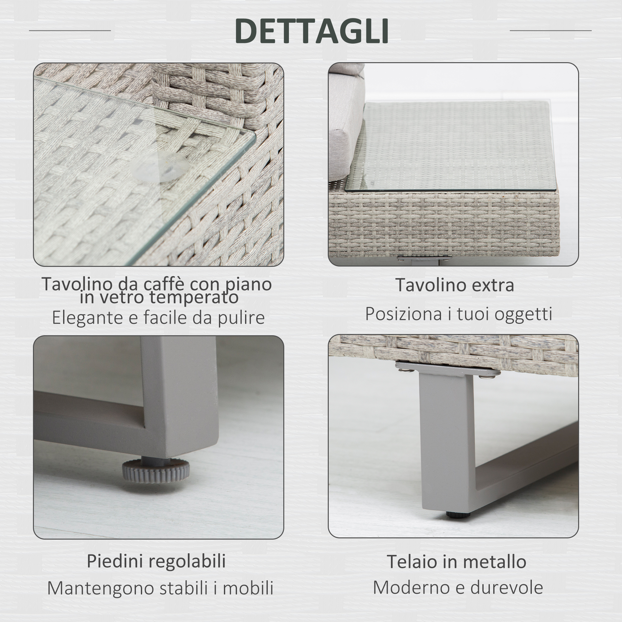 Dettagli tavolino in rattan con piano in vetro, piedini regolabili e telaio in metallo.