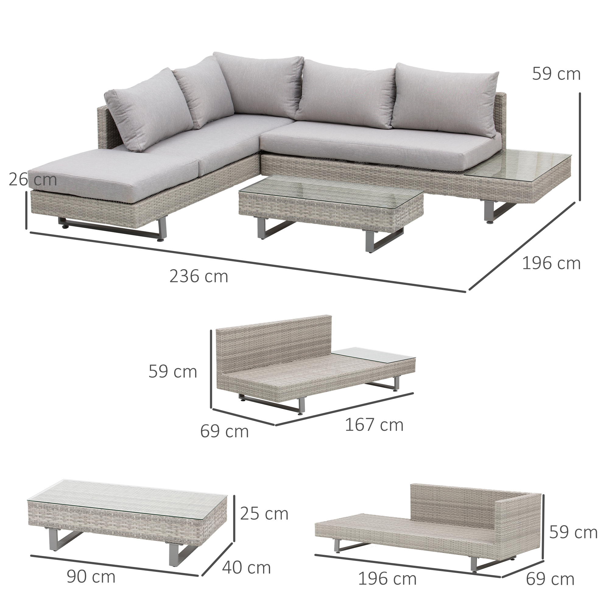 Set da salotto in rattan grigio con tavolini in vetro e dimensioni.