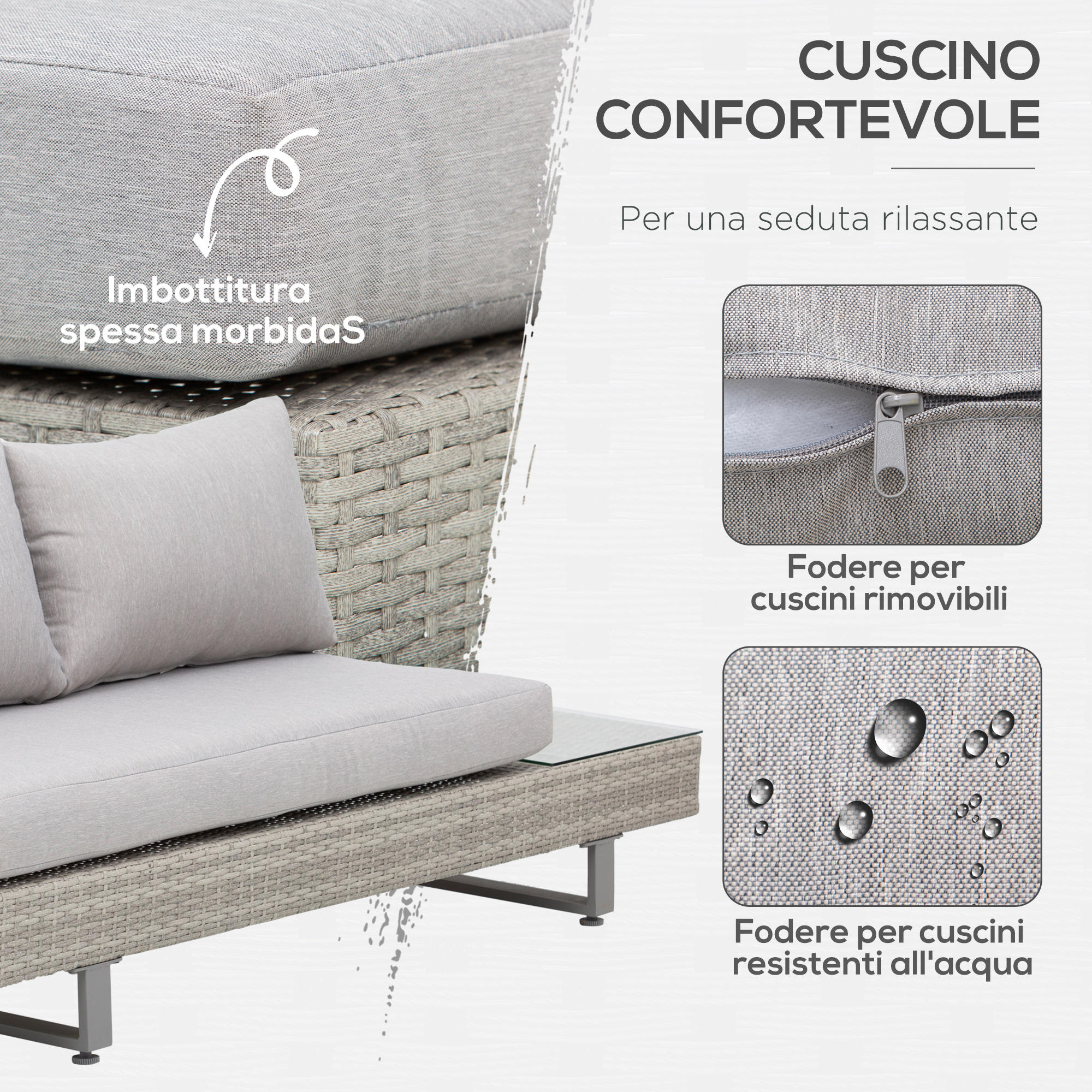 Divano da esterno grigio con cuscini spessi e morbidi. Rivestimenti sfoderabili.