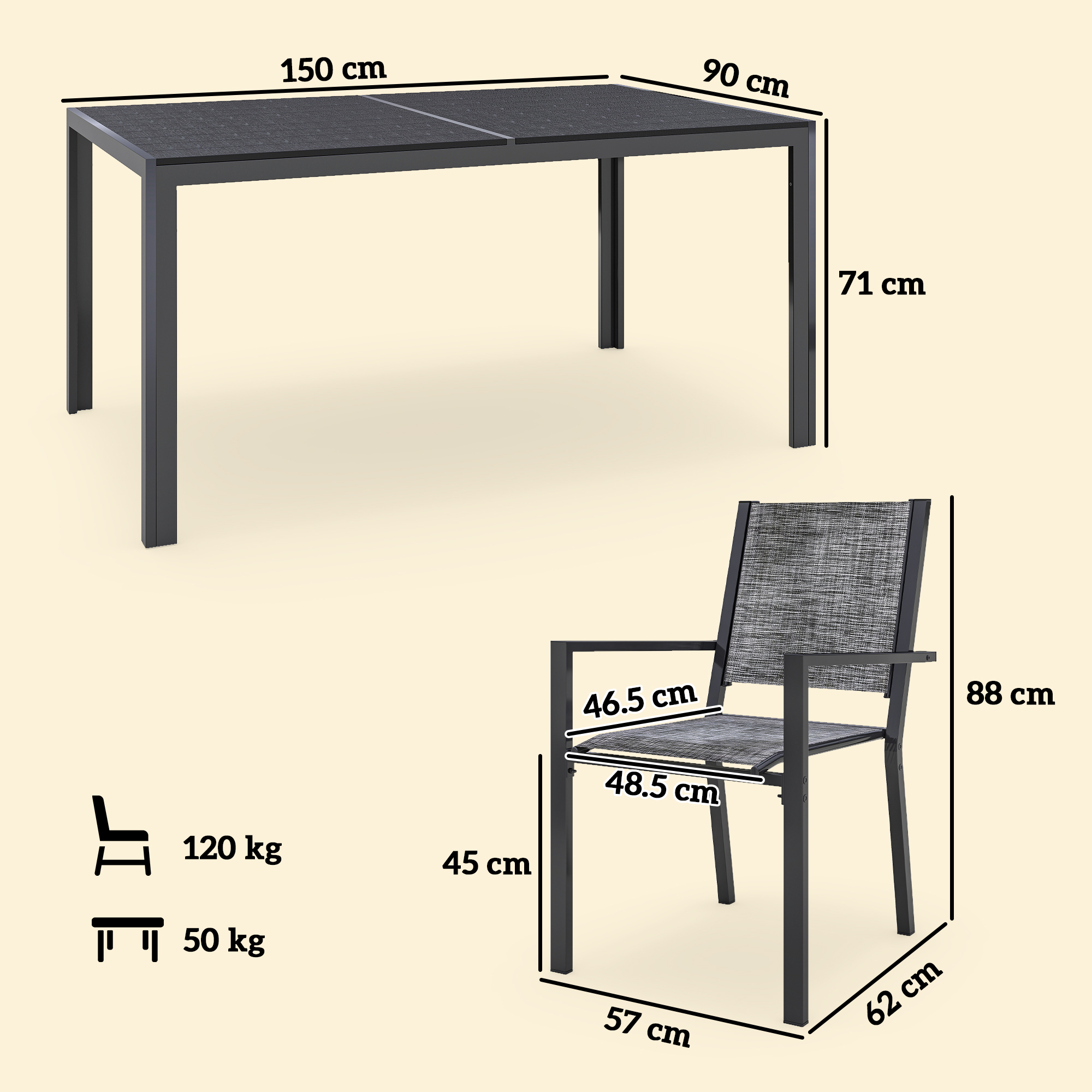 Tavolo nero (150x90x71cm) e sedia (57x62x88cm) con dimensioni.