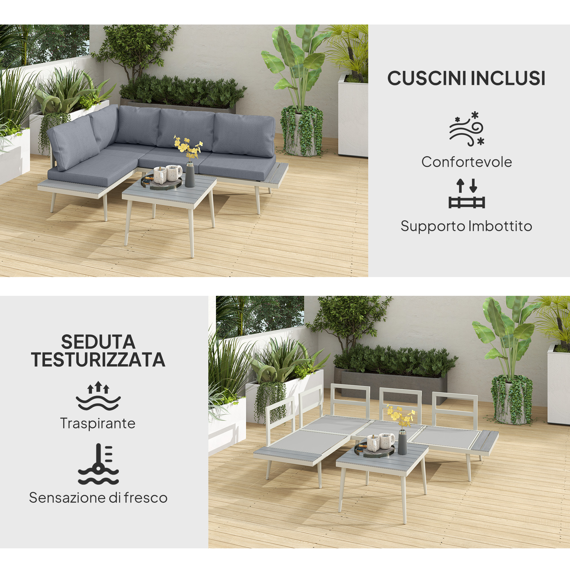 Divano angolare grigio e tavolo su terrazza in legno con piante. Testo cuscini.