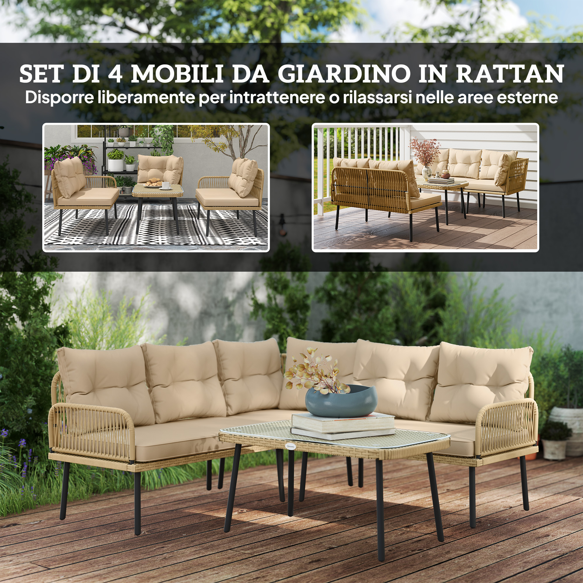 Un set divano in rattan beige con tavolo su un deck di legno, circondato dal verde.