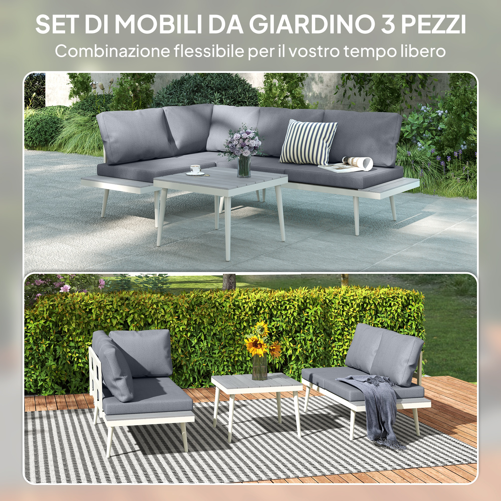 Mobili da giardino grigi: divano angolare con tavolo, e due poltrone con tavolo su tappeto.