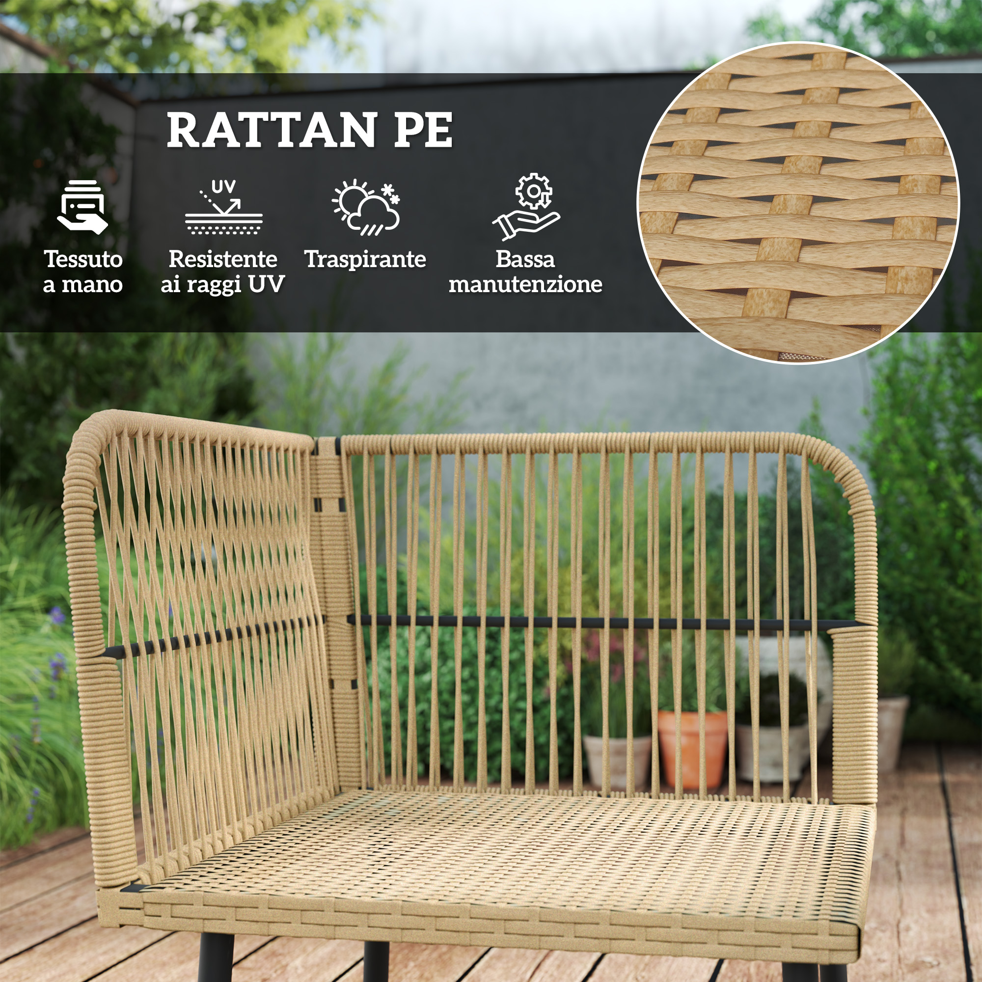 Una sedia in rattan di colore chiaro con dettagliata texture intrecciata, su un ponte di legno.