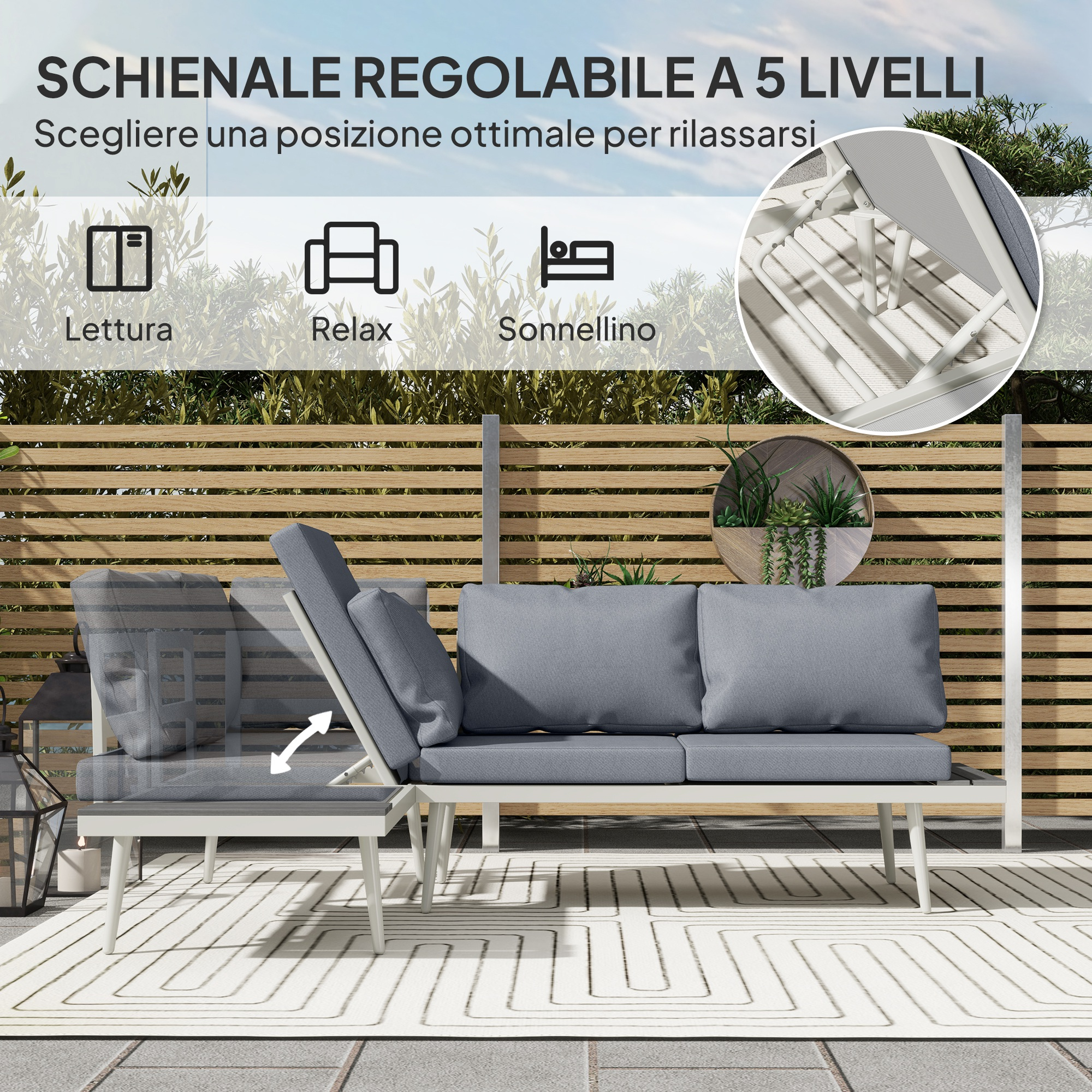 Divano da esterno grigio con schienale regolabile su un patio con staccionata a doghe.