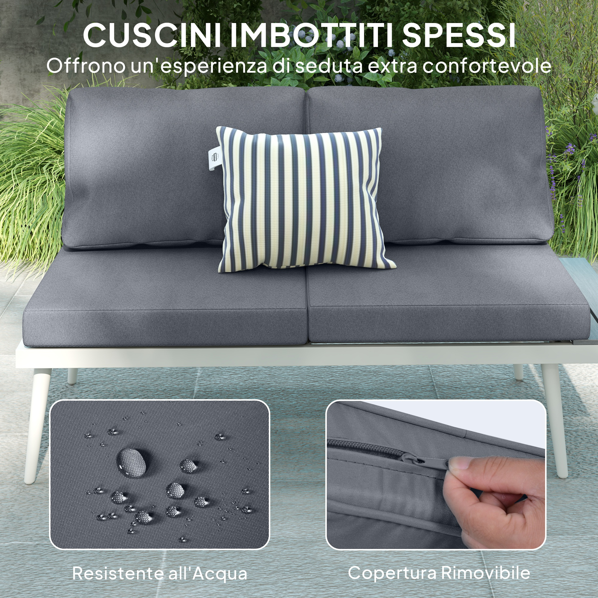 Cuscini grigi da esterno su divano, con cuscino a righe. Resistenti all'acqua.