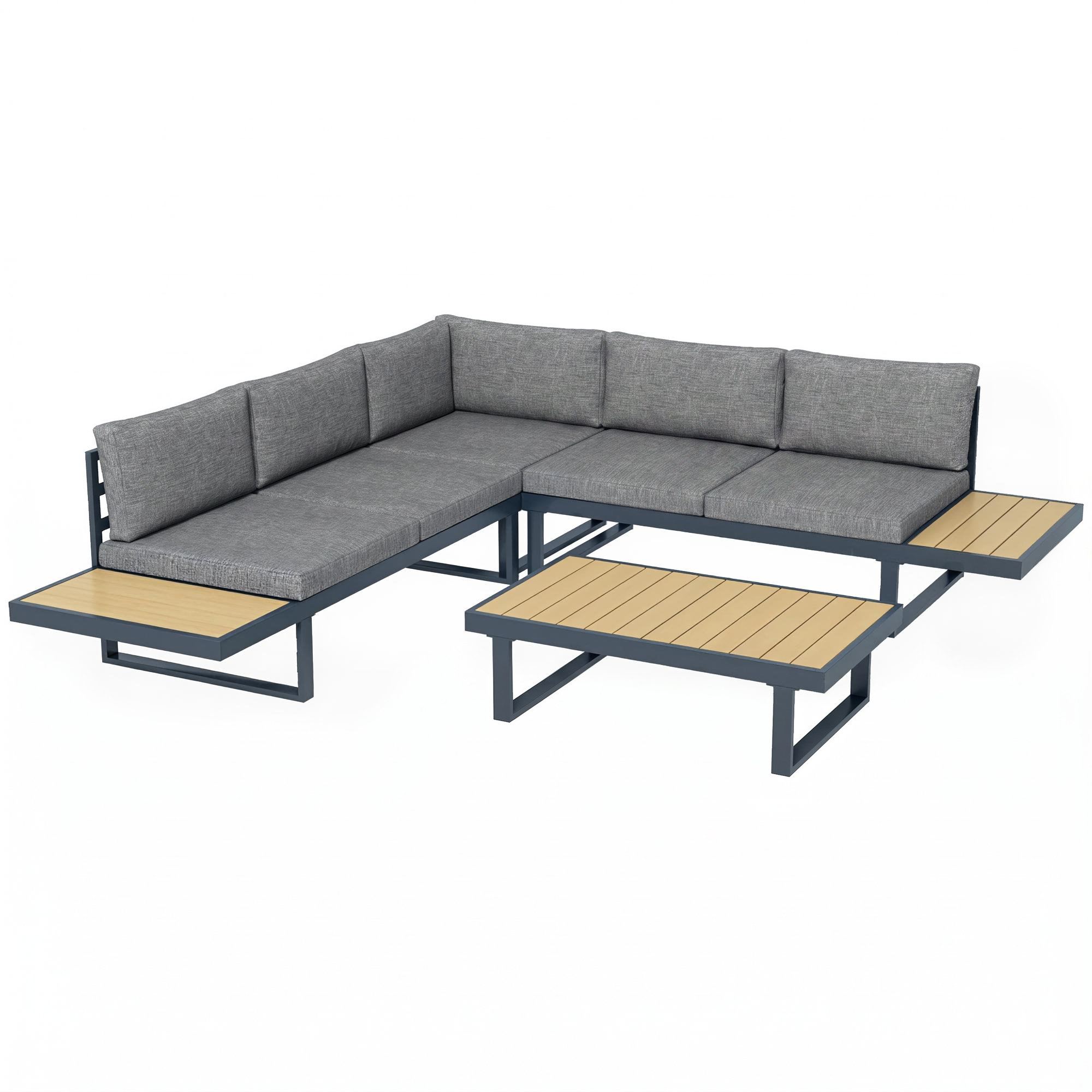 Divano angolare grigio con accenti in legno e tavolo coordinato su sfondo bianco.