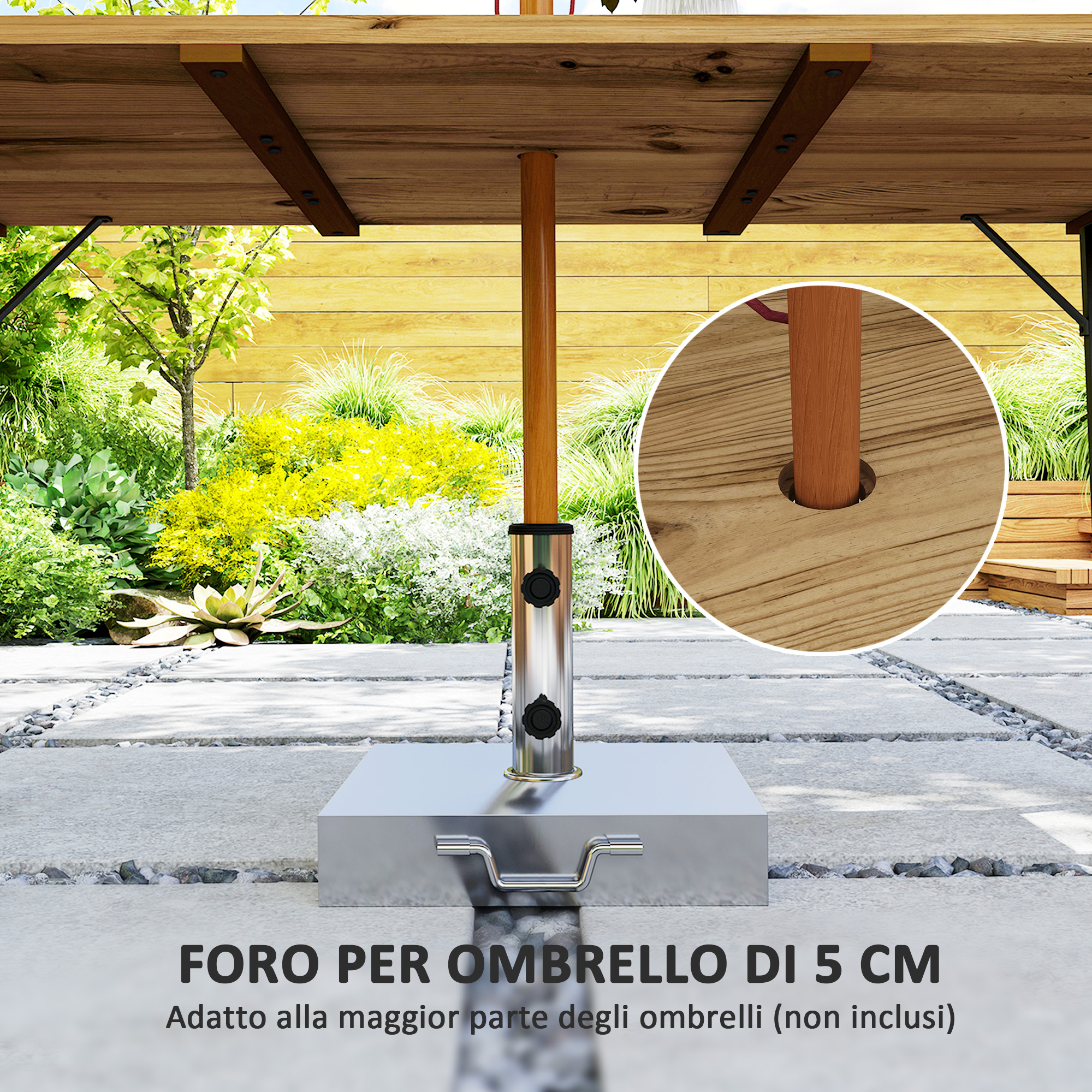 Un porta ombrellone da esterno con base in metallo e palo in legno.