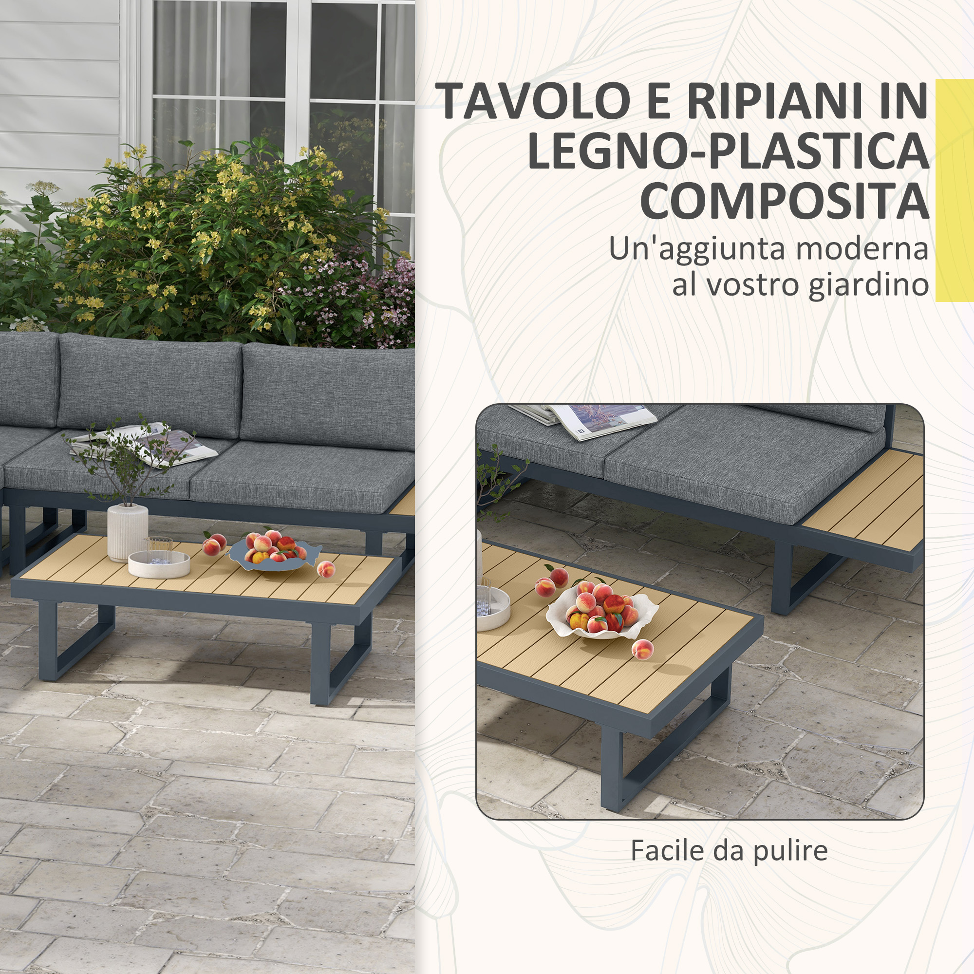 Arredo giardino grigio con tavolino in legno e fruttiera su lastricato.