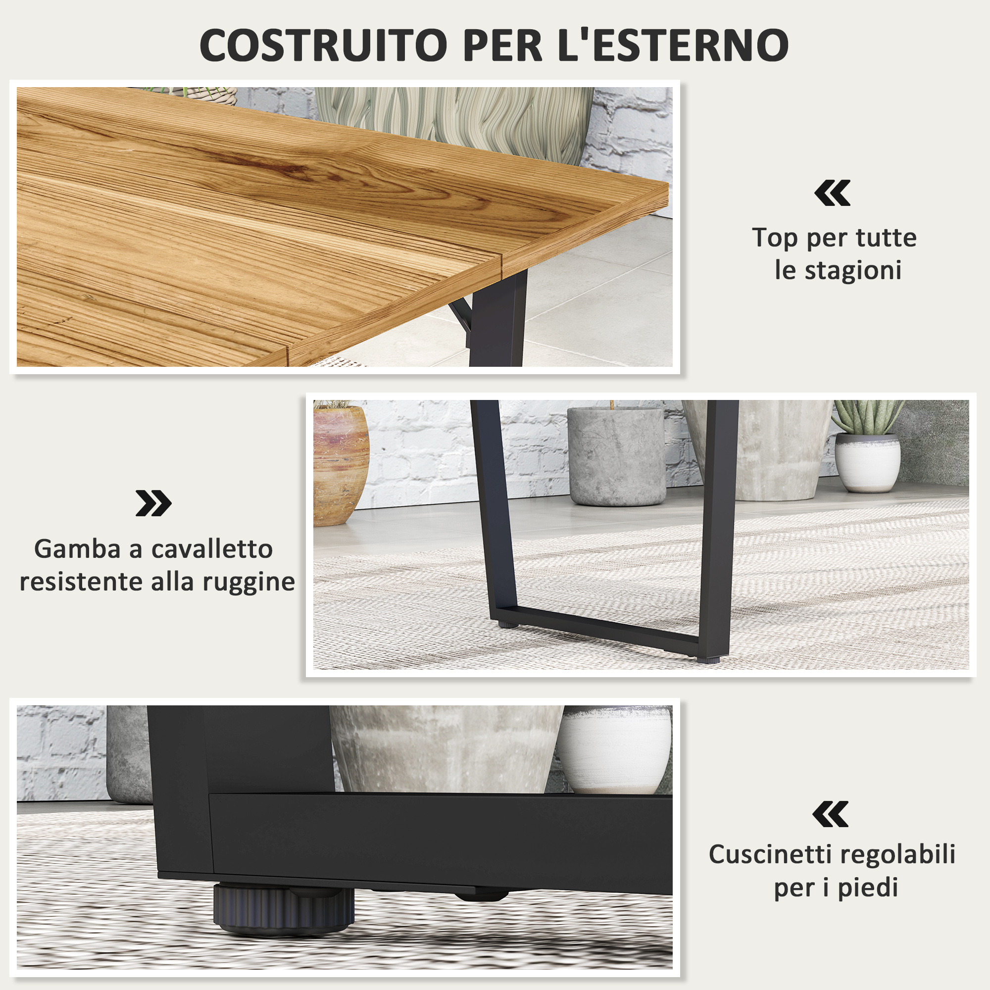 Tavolo in legno con gambe in metallo nero e piedini regolabili.