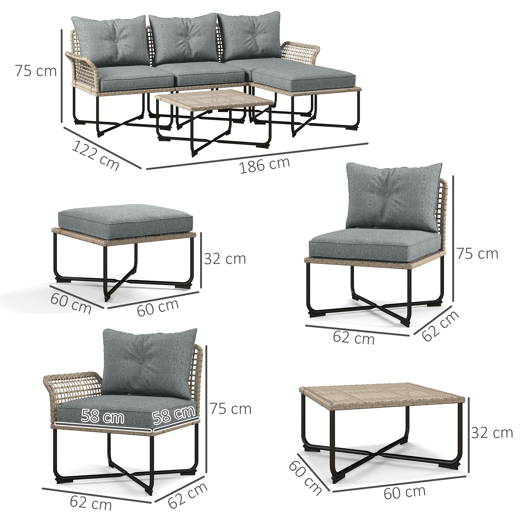 Set di mobili da esterno con cuscini grigi e dettagli in rattan.