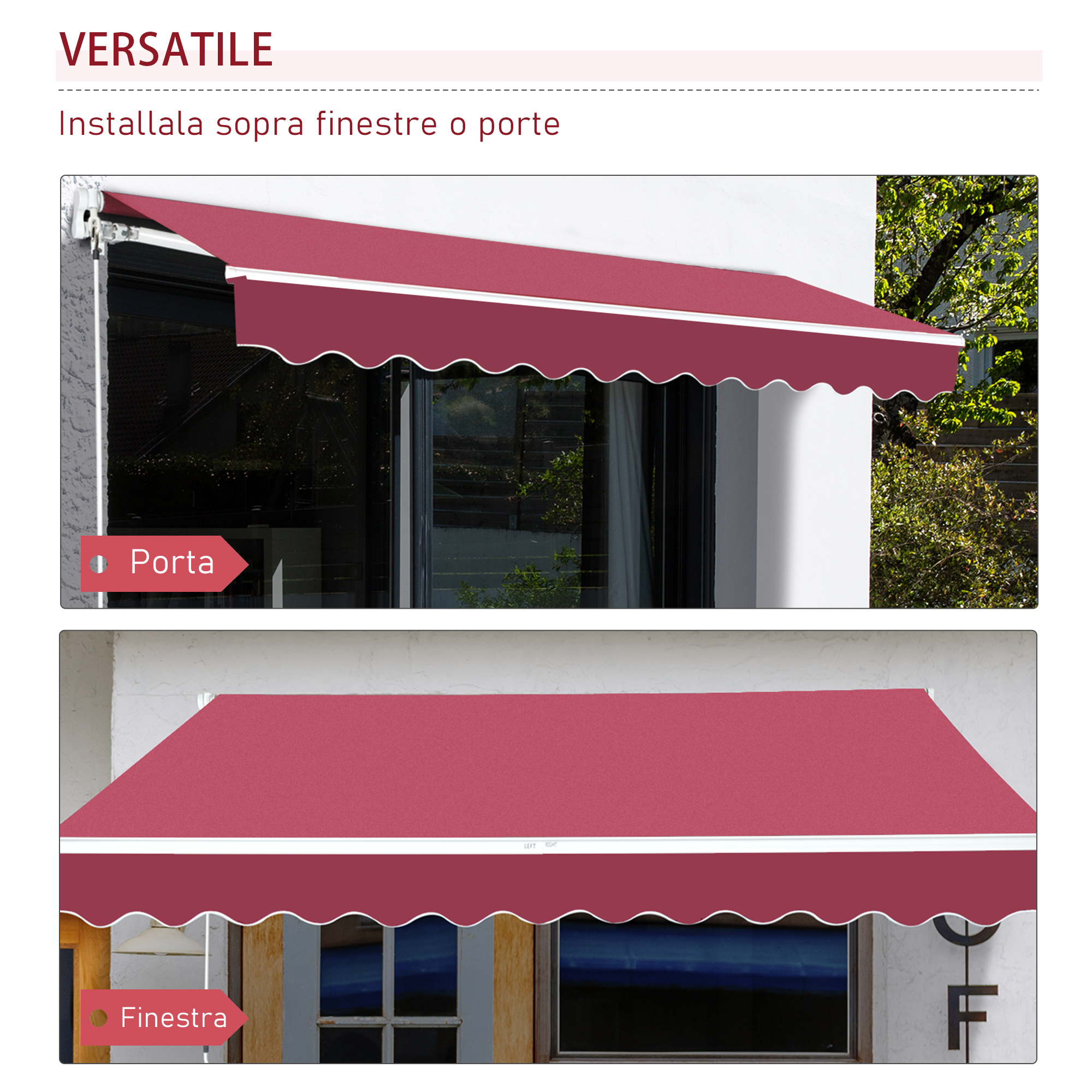 Una tenda da sole rossa con bordo bianco sopra una porta e una finestra.