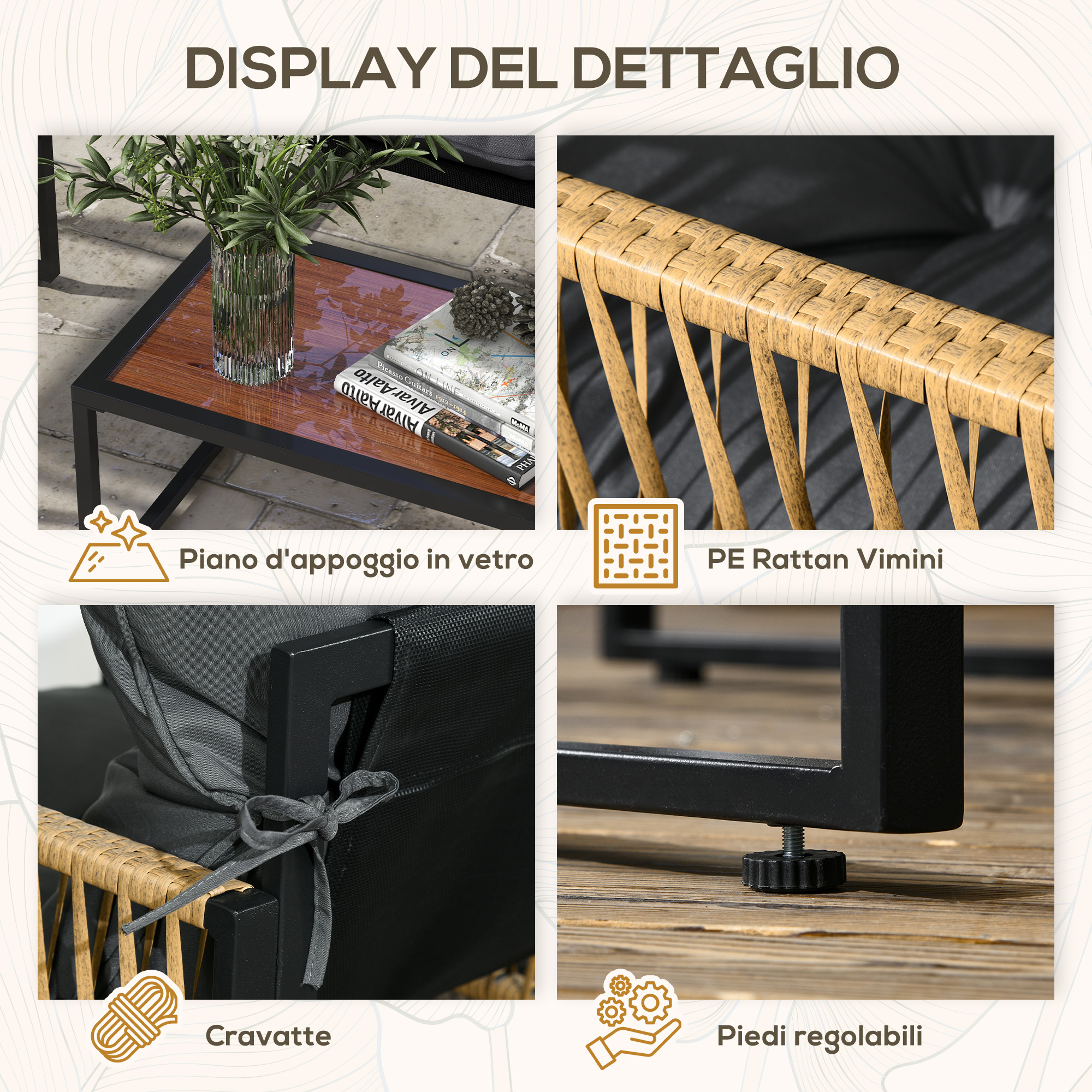 Dettaglio mobile da giardino con piano in vetro, rattan, cuscini e piedi regolabili.