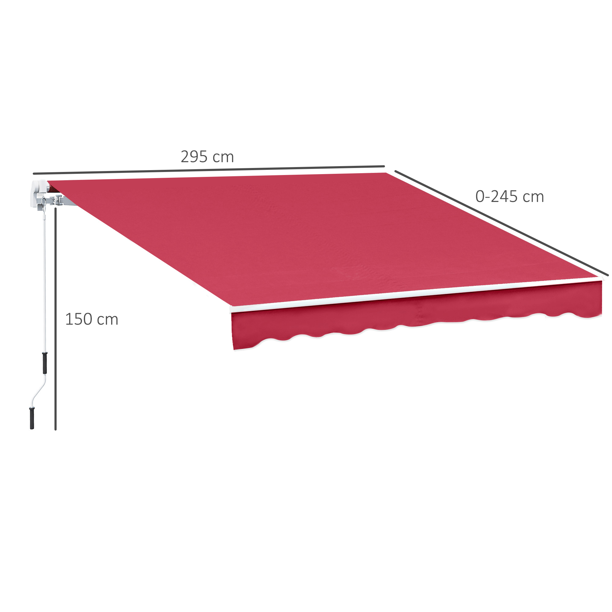 Tessuto per tenda da sole rosso con manovella e dimensioni 295x245cm.