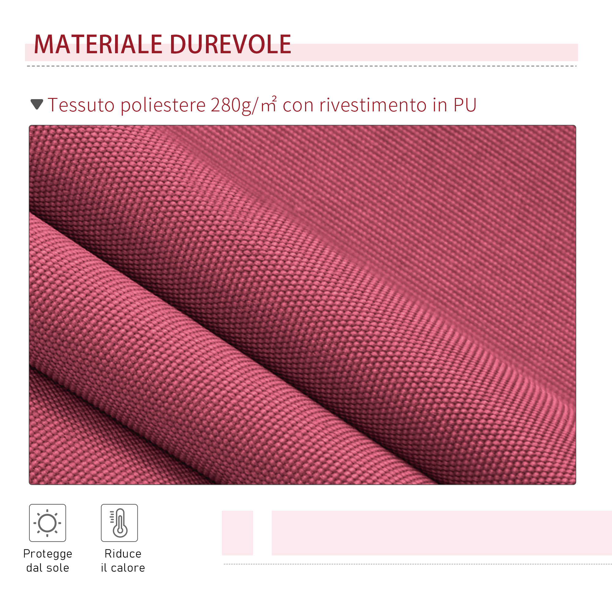 Tessuto poliestere rosso con rivestimento PU, 280g/m², protegge sole e calore.