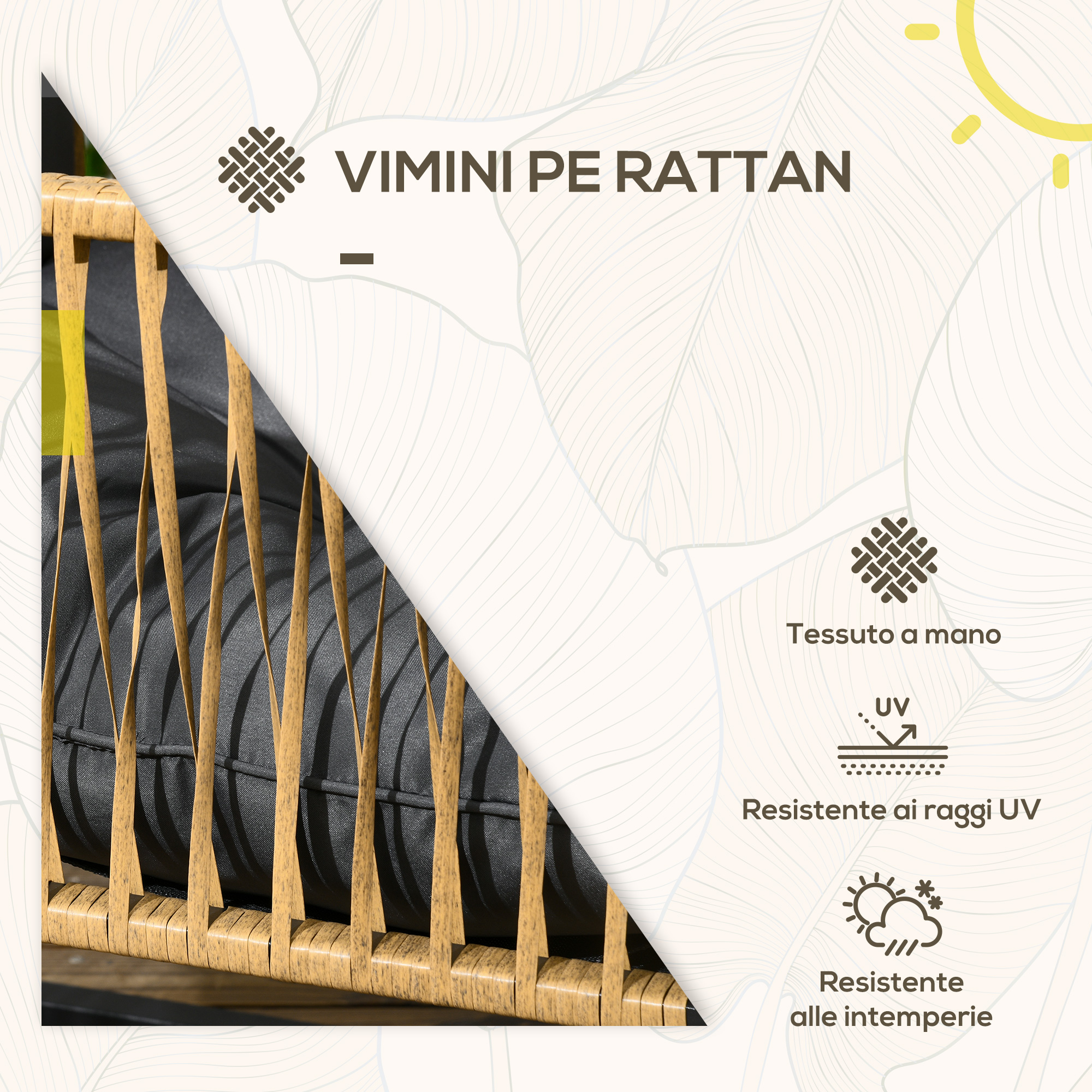 Una sedia in rattan marrone con cuscino scuro, testo in italiano.