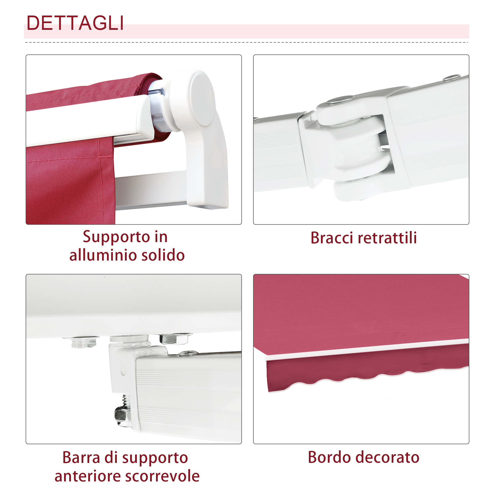 Dettagli di un tessuto per tenda da sole rosso con supporto in alluminio e bracci retrattili.