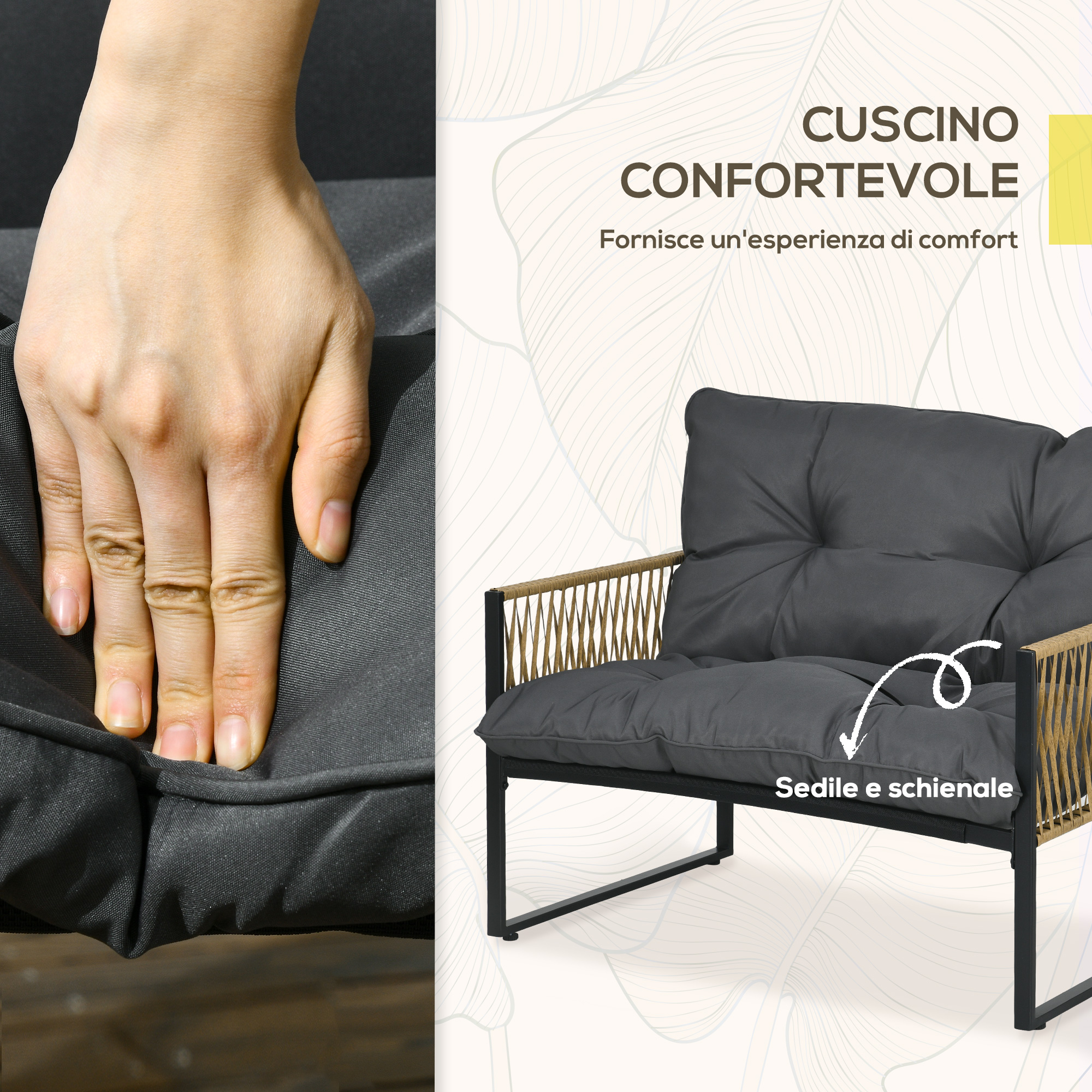 Una mano preme un comodo cuscino grigio scuro su una sedia con dettagli in rattan.