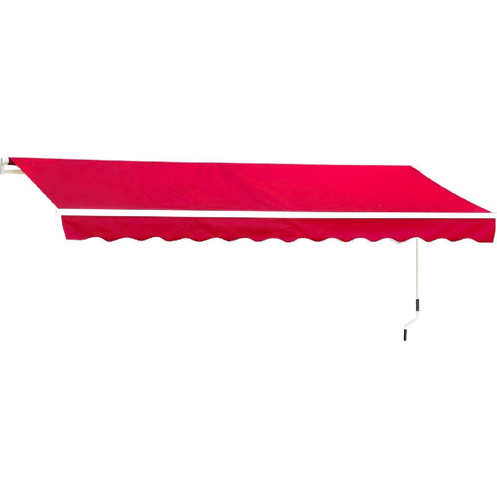 Tessuto di tenda da sole rosso esteso con bordo bianco e manovella.