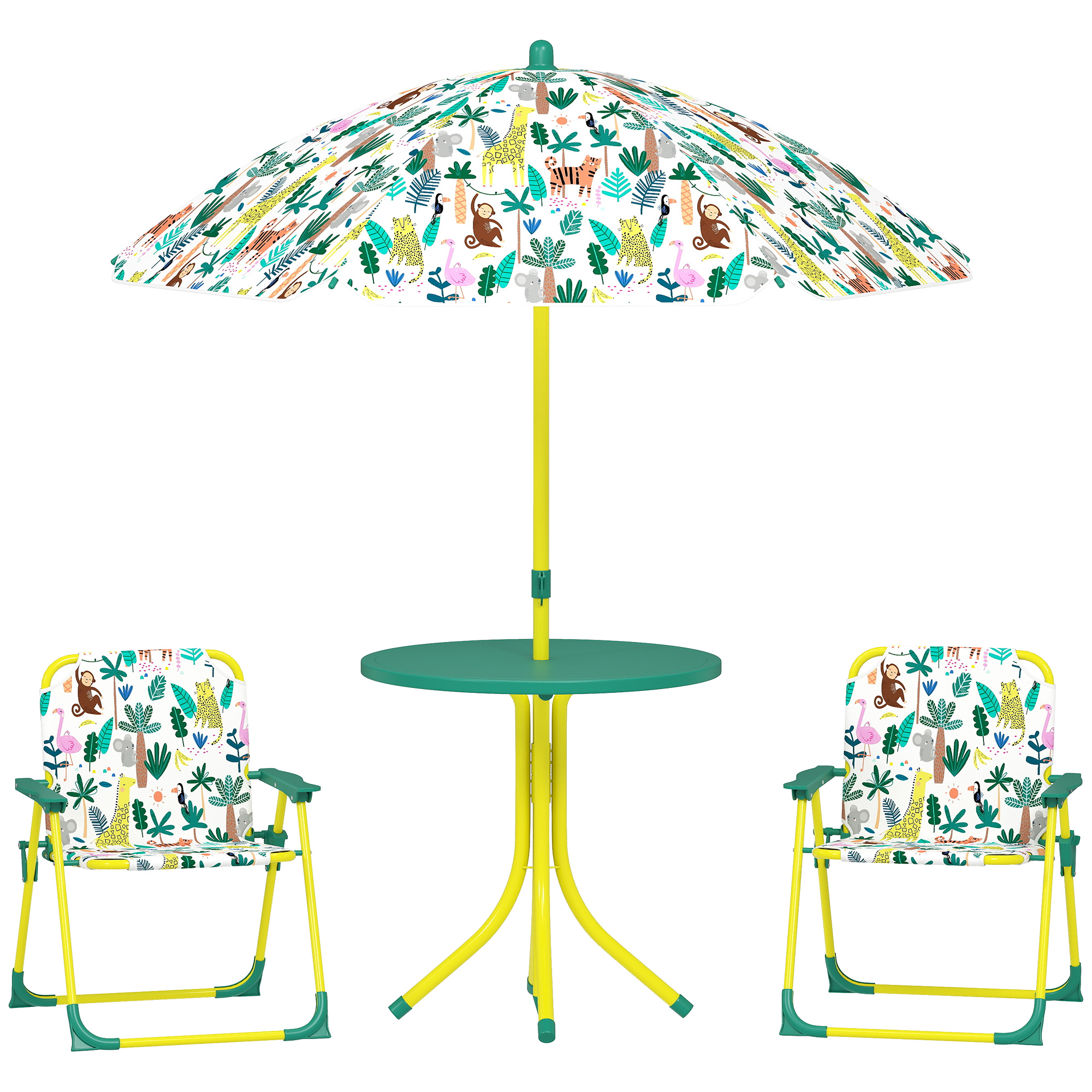 Tavolo da giardino giallo con ombrellone verde e due sedie con animali della giungla.