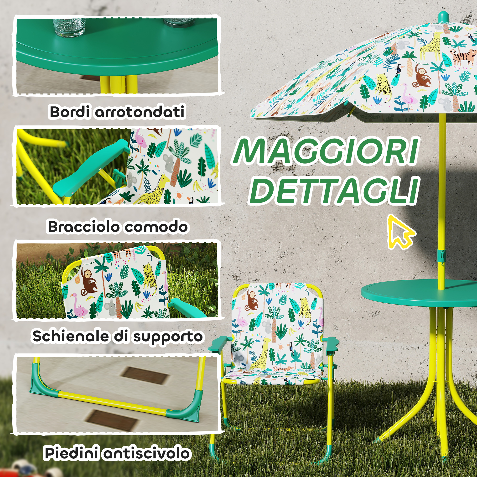 Set tavolo e sedia per bambini con stampa di animali della giungla, con dettagli.