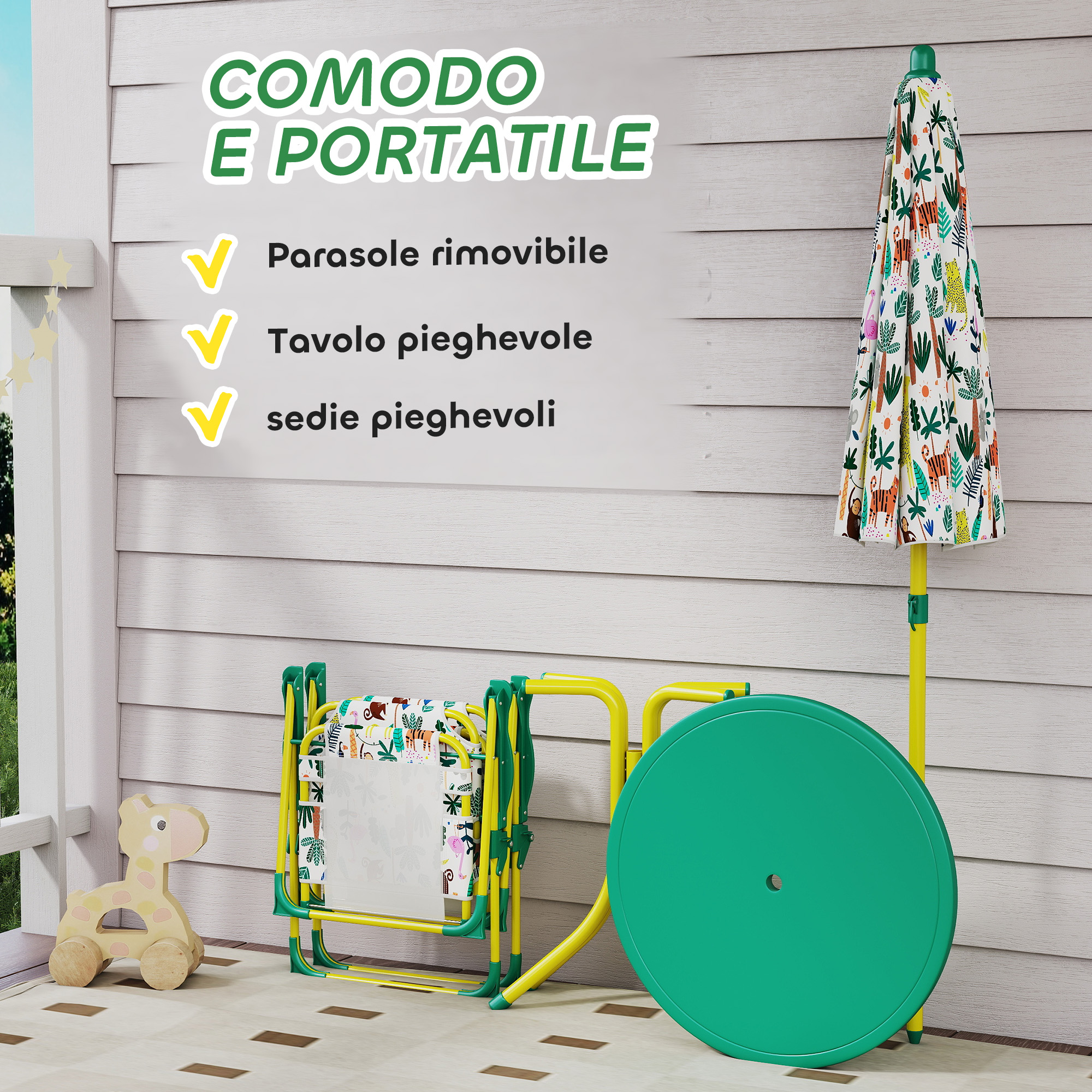 Un tavolo pieghevole, una sedia e un ombrellone con stampa animalier.