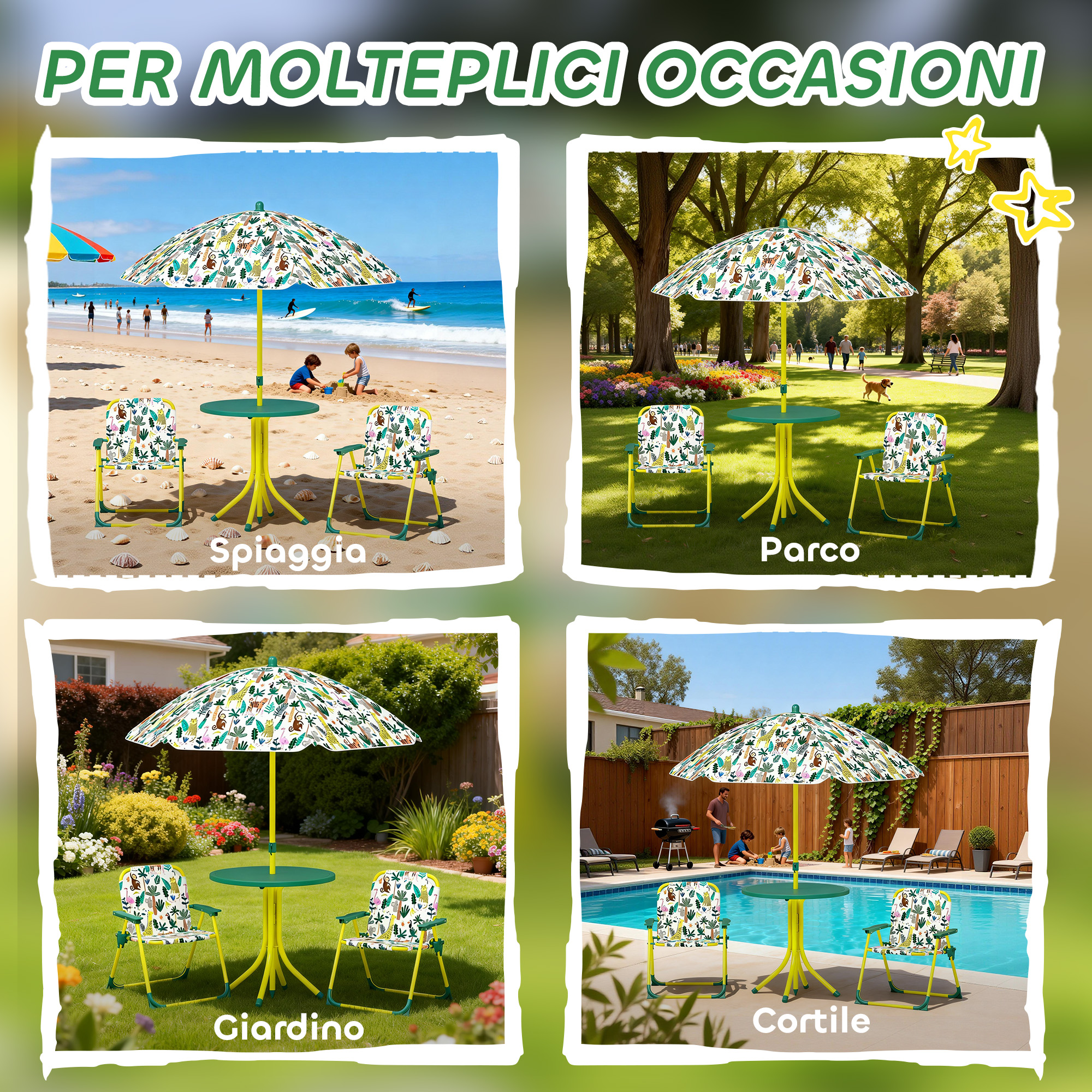 Quattro scene mostrano tavolo e sedie per bambini a tema giungla su spiaggia, parco, giardino e piscina.