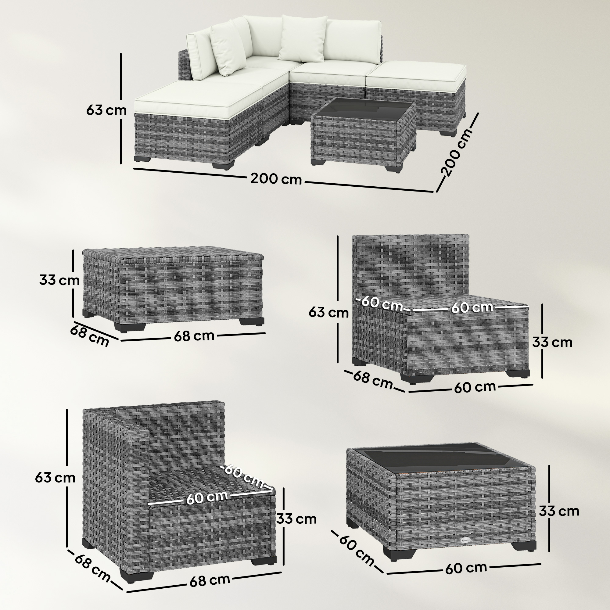 Set di mobili da giardino in rattan grigio con dimensioni: divano, tavolo, sgabelli.