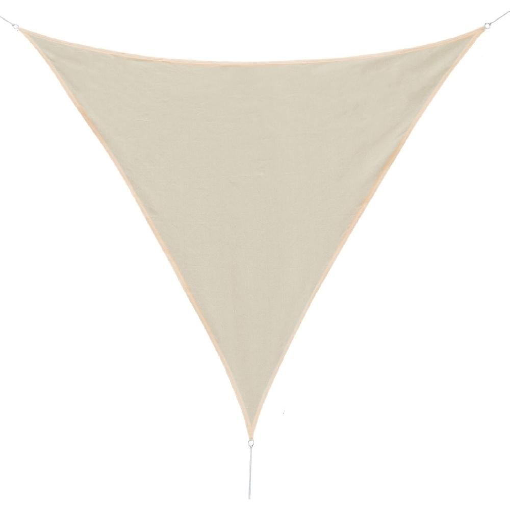 Telo parasole triangolare beige con angoli rinforzati e occhielli di montaggio.