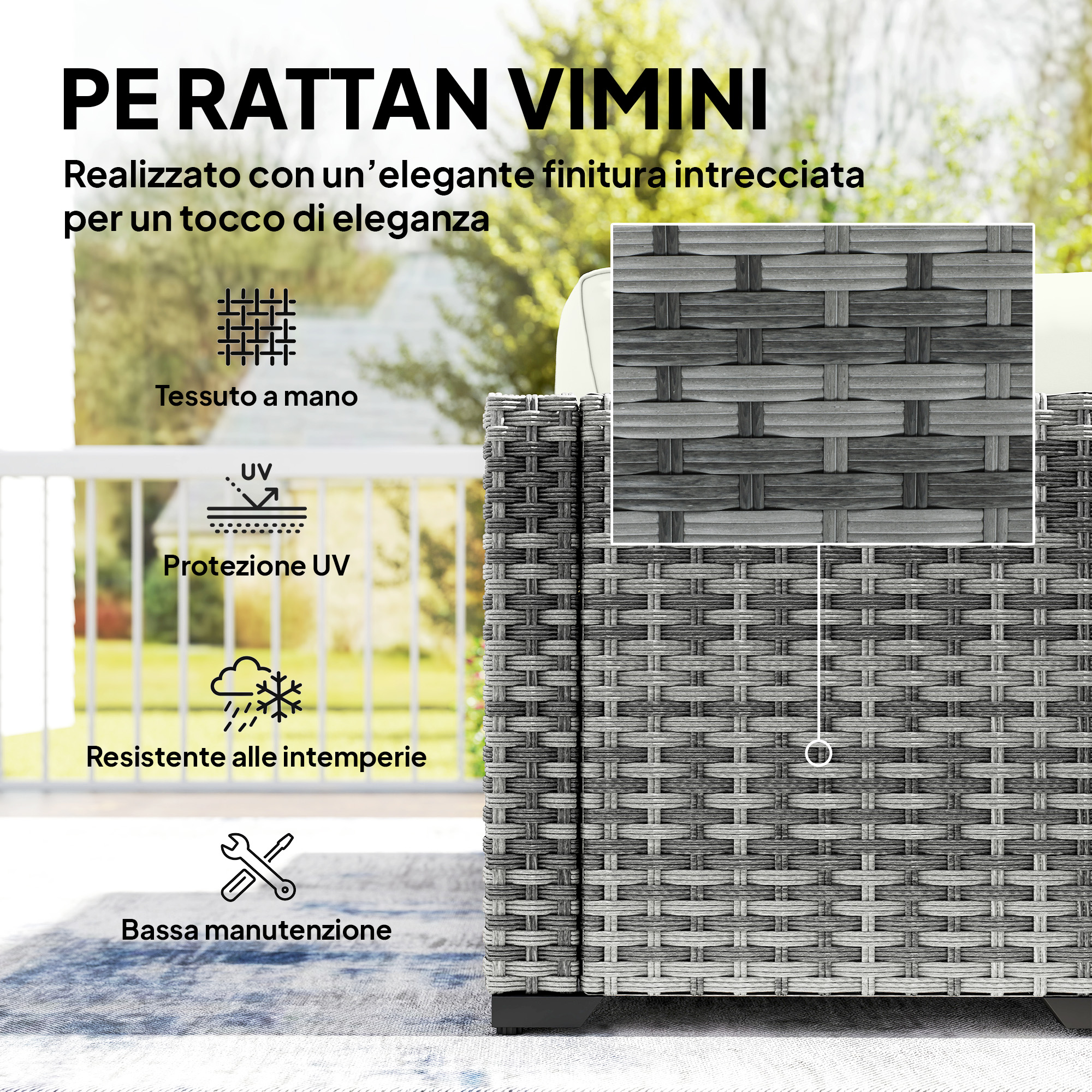 Dettaglio mobile in rattan grigio con icone tessuto a mano, protezione UV, resistente alle intemperie.