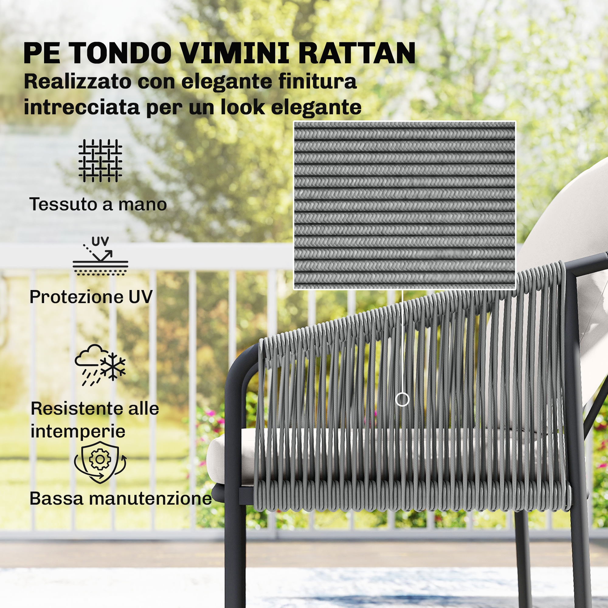 Sedia in rattan grigio con focus su trama, raggi UV, intemperie e bassa manutenzione.